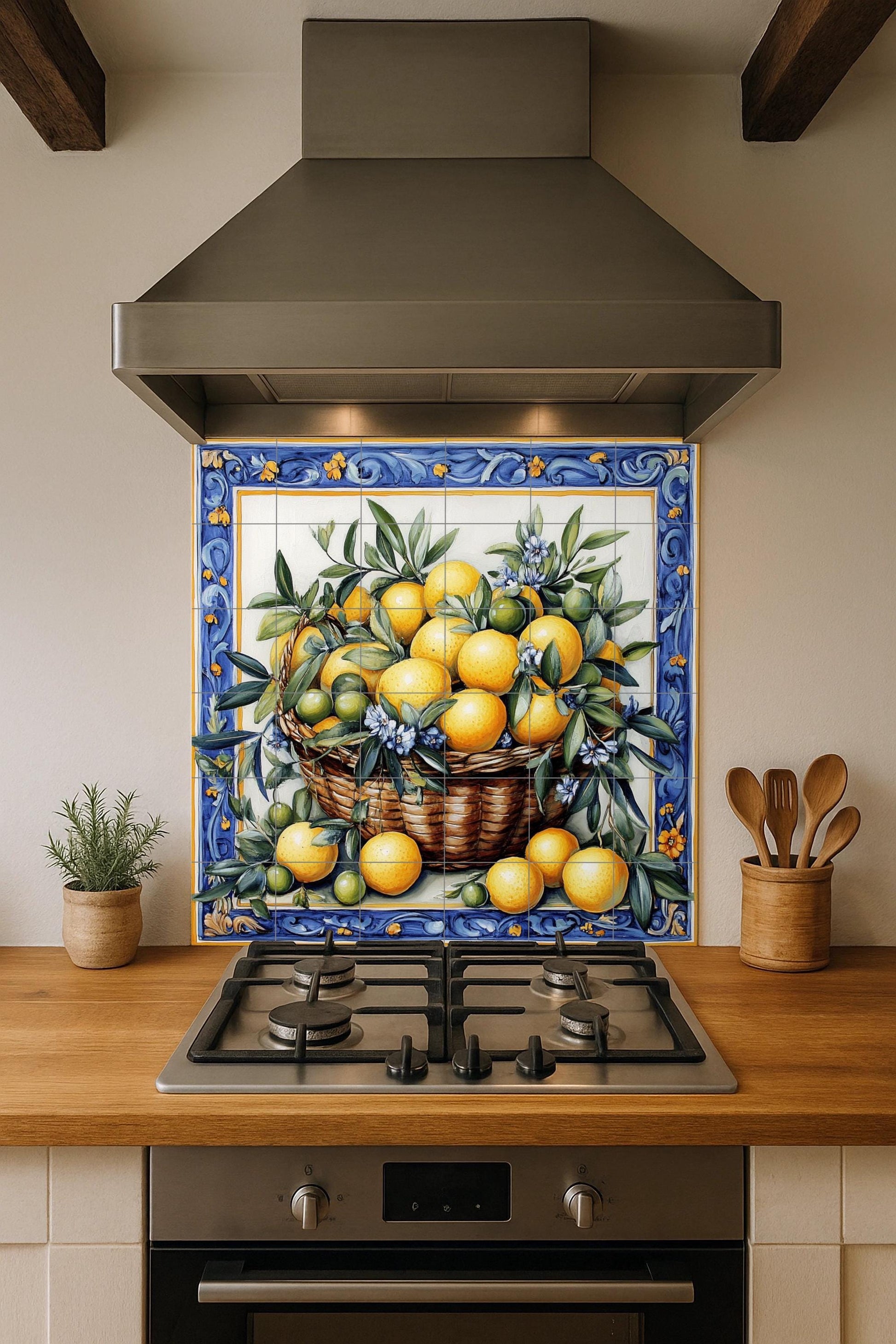 Mural cerámico con cesta de limones y naranjas