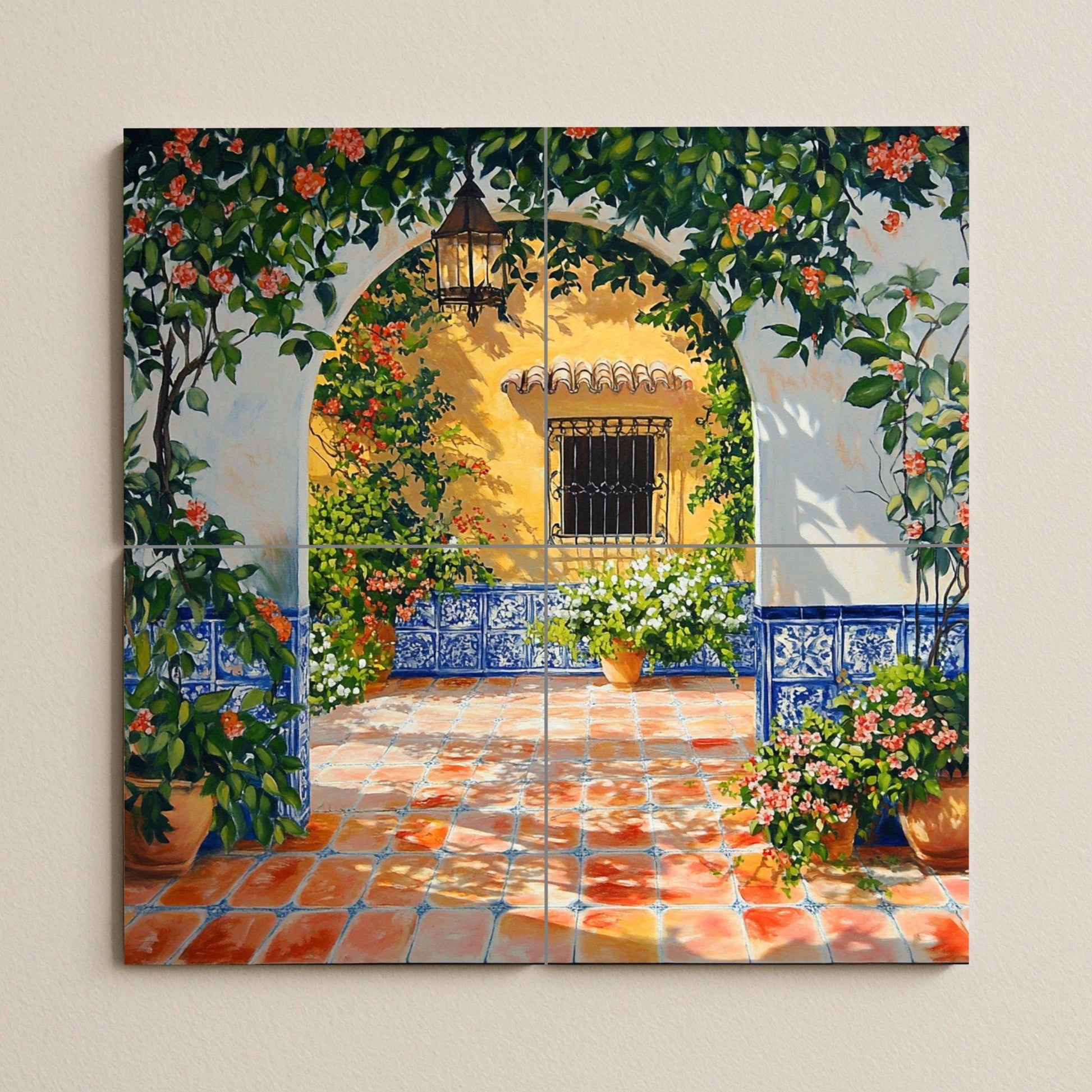 Mural de cerámica con patio soleado y arco de azulejos azules