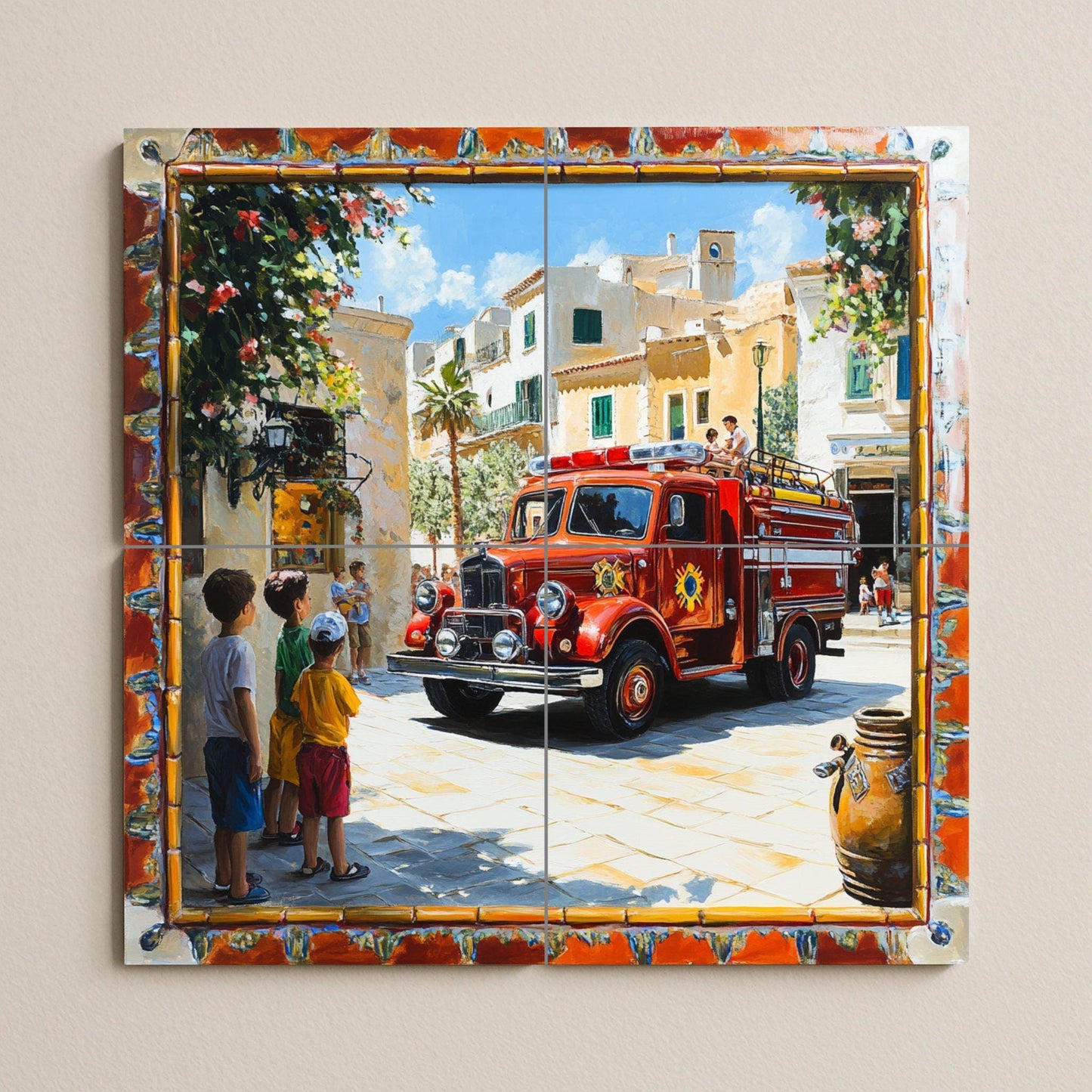 Mural cerámico con un camión de bomberos antiguo en un pueblo…