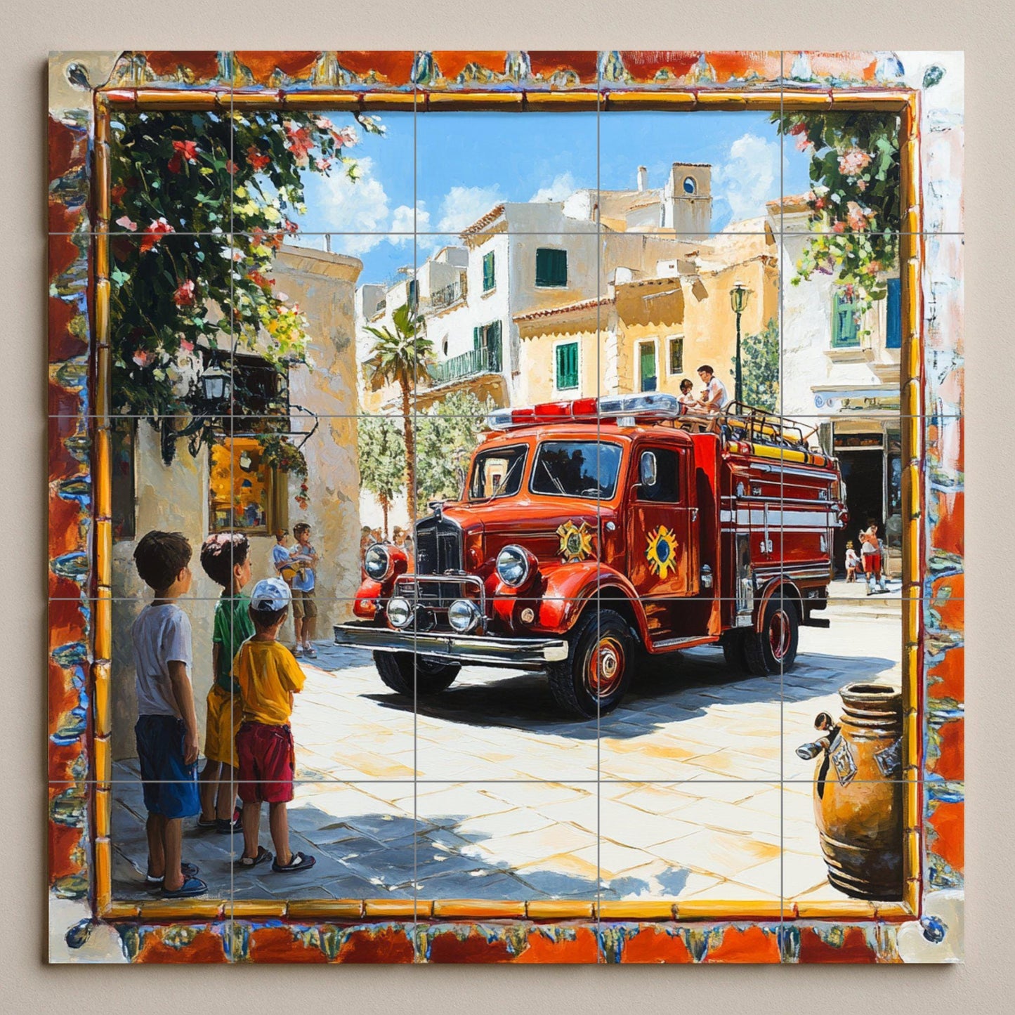 Mural cerámico con un camión de bomberos antiguo en un pueblo…