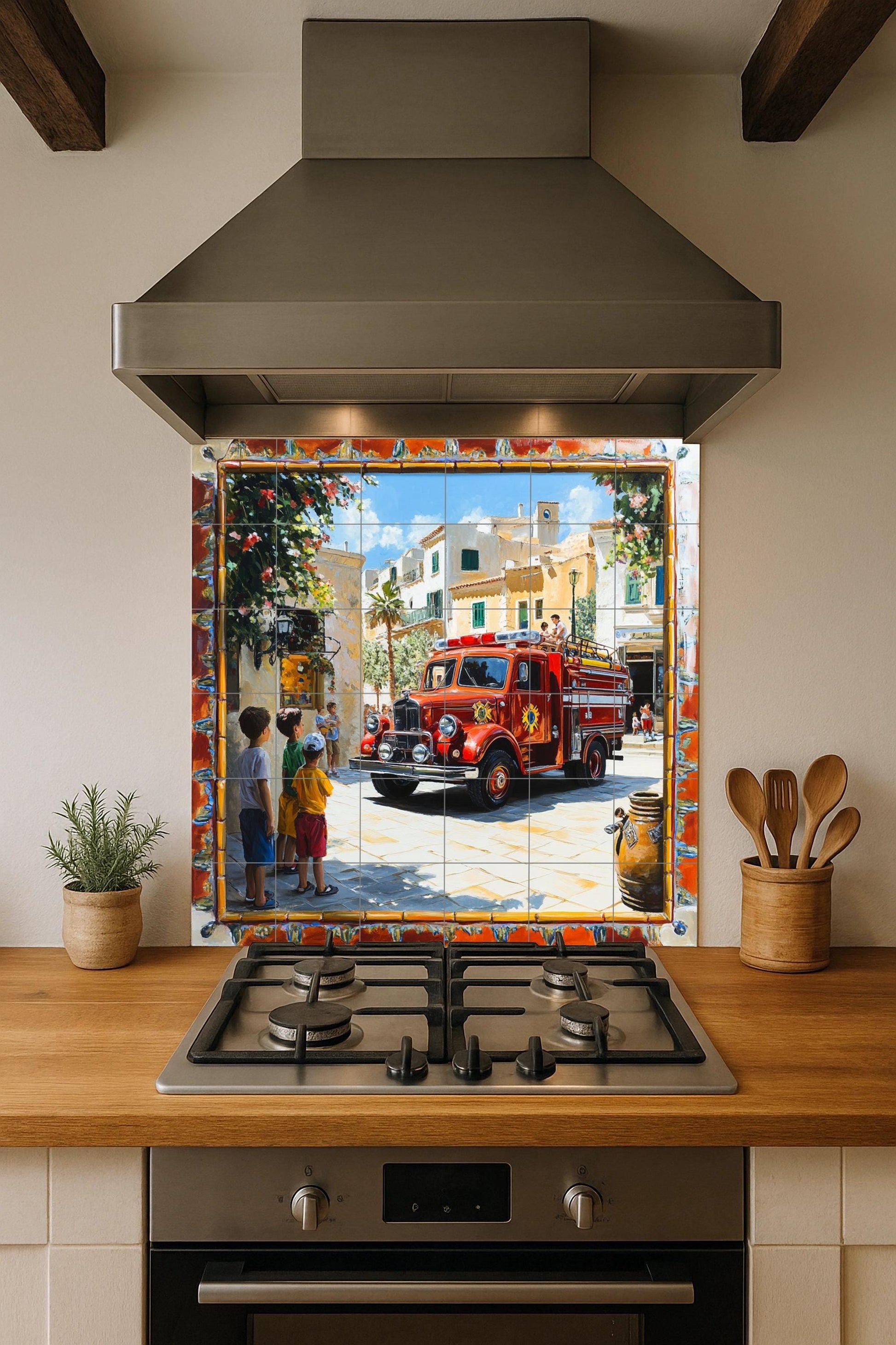 Mural cerámico con un camión de bomberos antiguo en un pueblo…