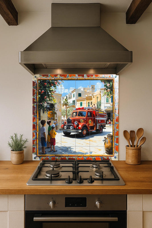 Mural cerámico con un camión de bomberos antiguo en un pueblo…