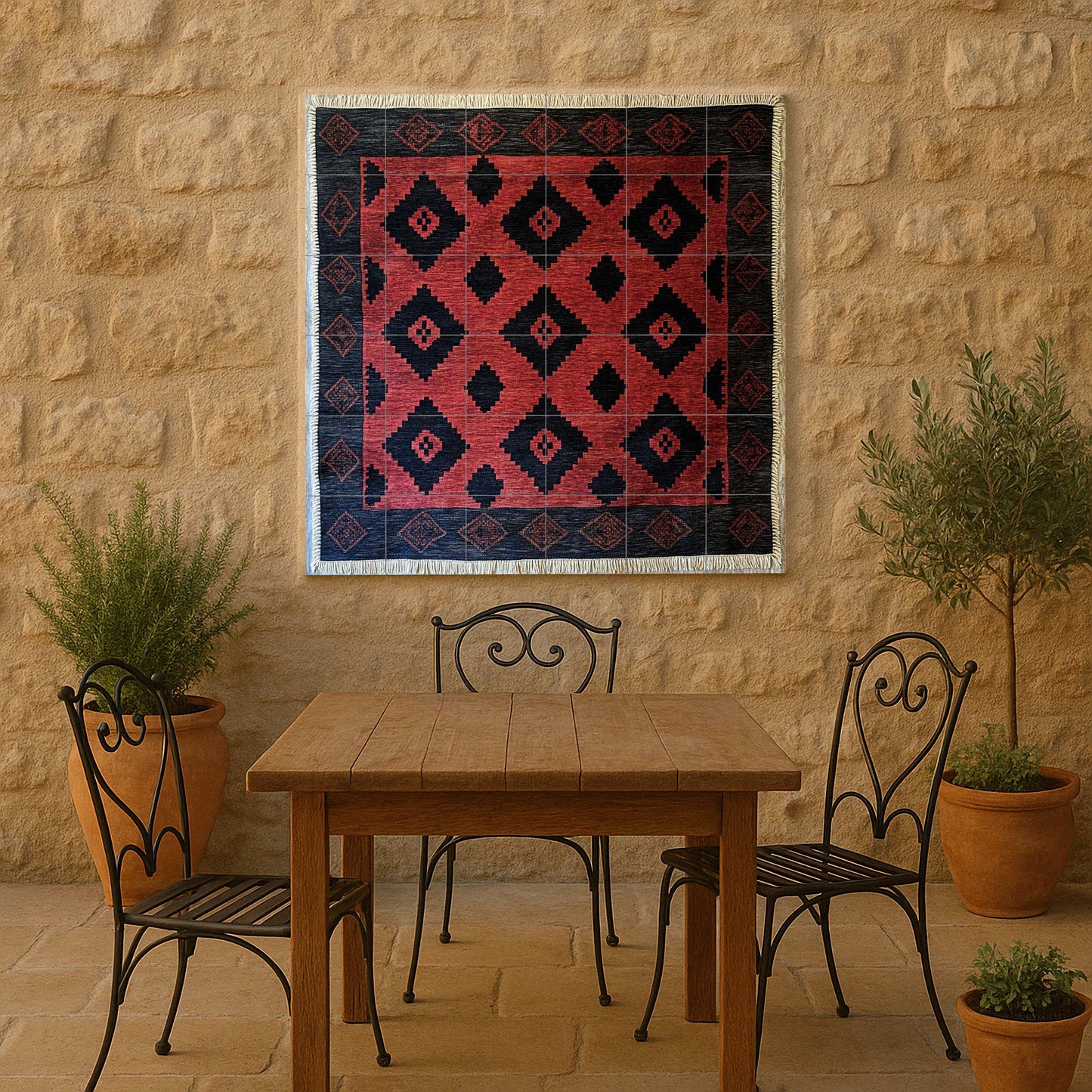 Mural cerámico de poncho gaucho argentino con motivos de diamantes…