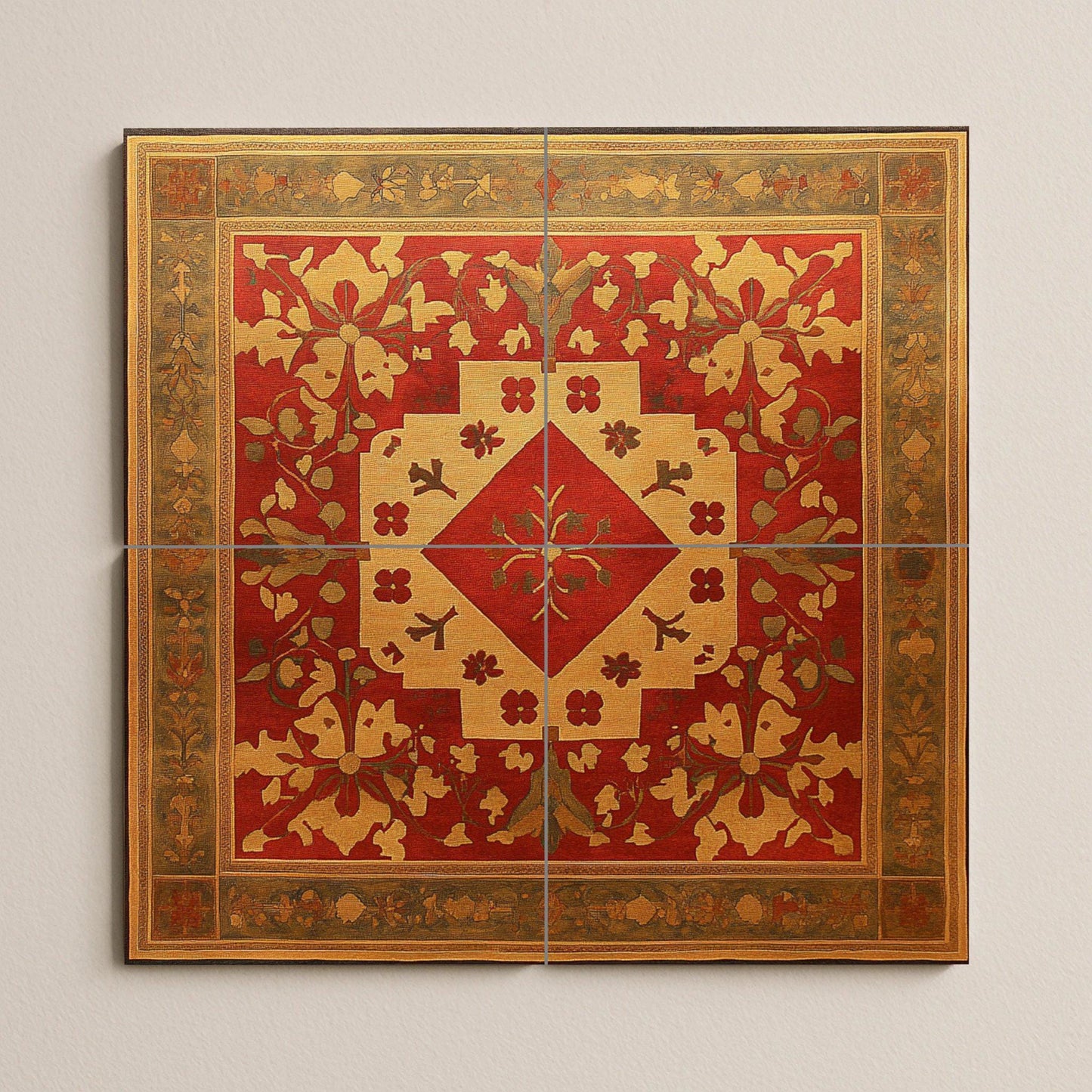 Mural de cerámica armenia con motivos de cruces, rosetas doradas…