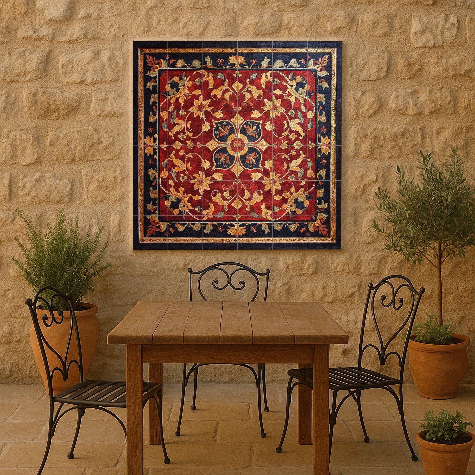 Mural de cerámica ornamental con diseño floral dorado y tapiz rojo