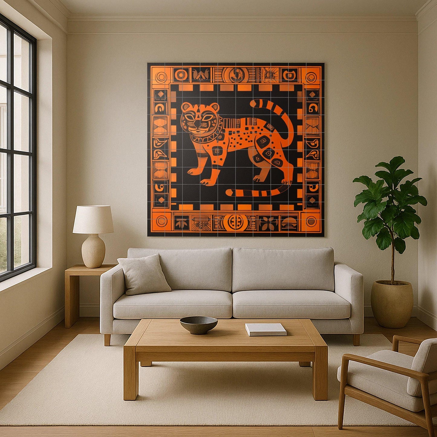 Mural de cerámica de jaguar azteca en naranja quemado y negro, arte…