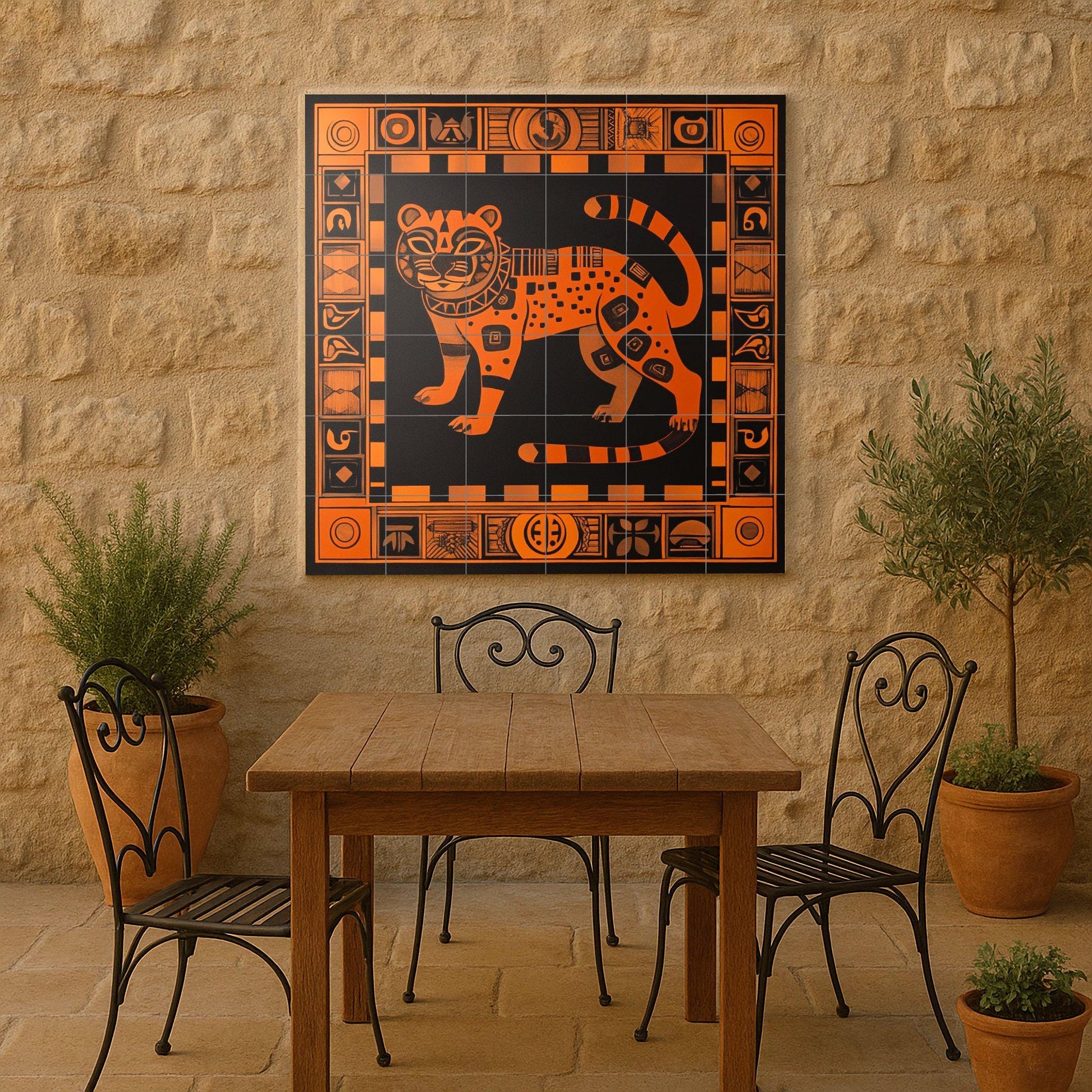 Mural de cerámica de jaguar azteca en naranja quemado y negro, arte…