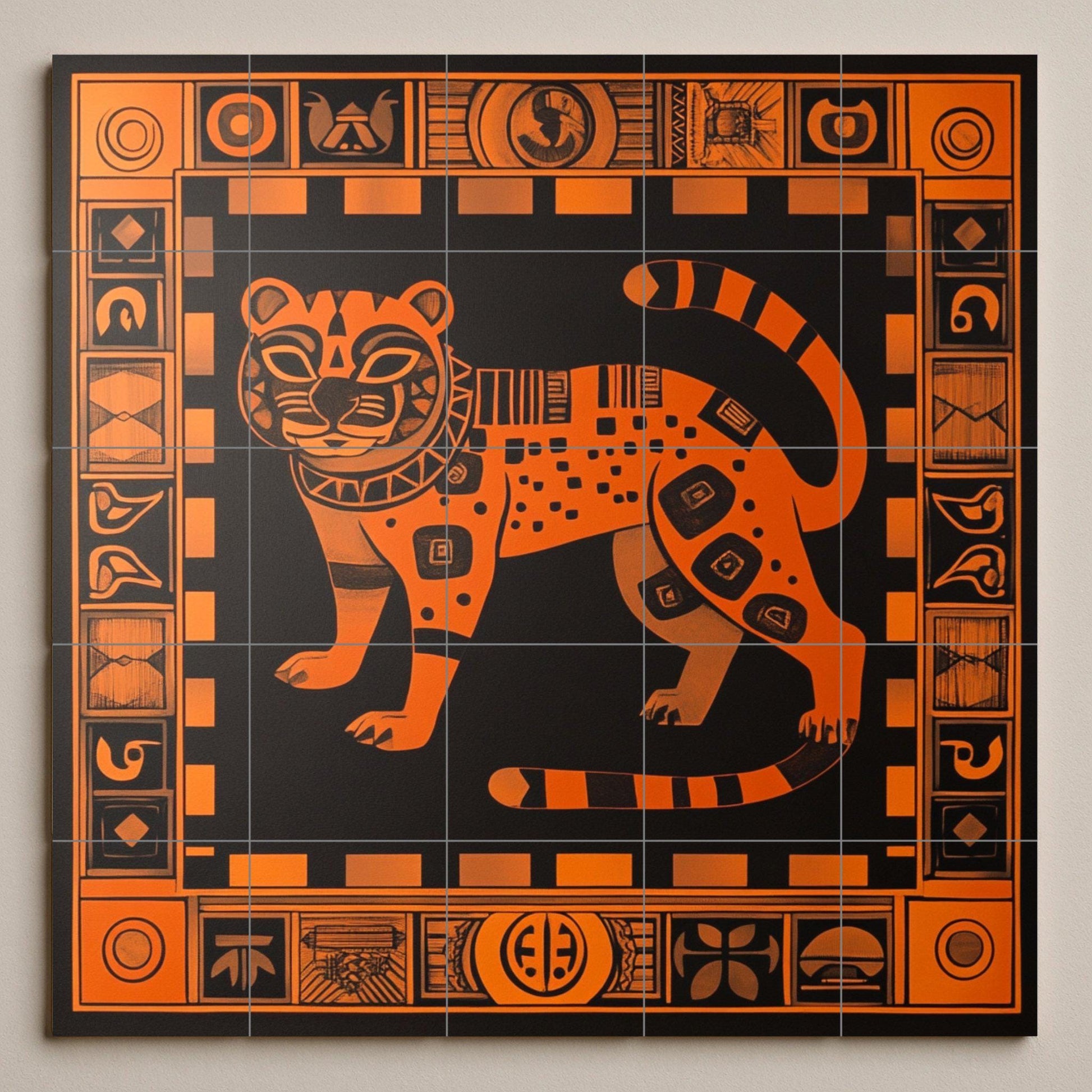 Mural de cerámica de jaguar azteca en naranja quemado y negro, arte…