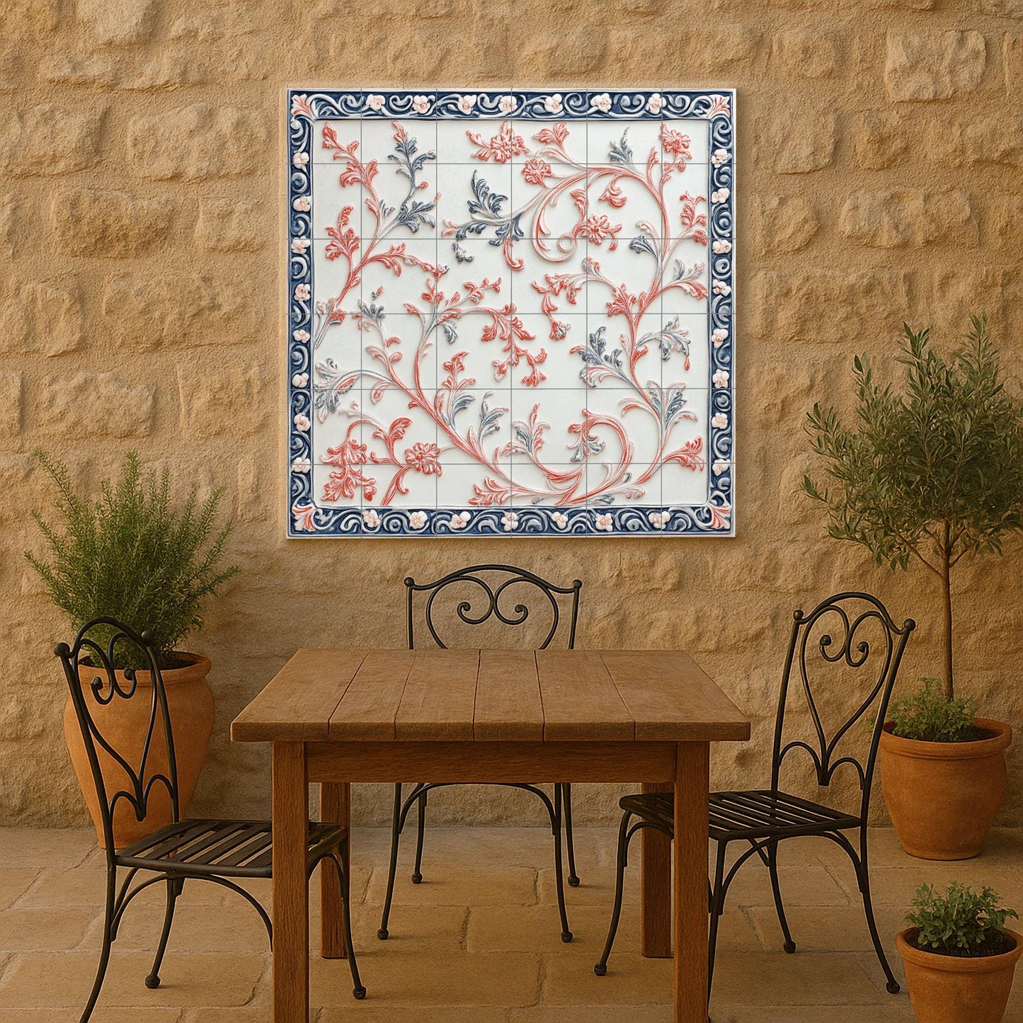 Elegante mural de cerámica con volutas botánicas — Paysage Botanique, Art Mural en Céramique