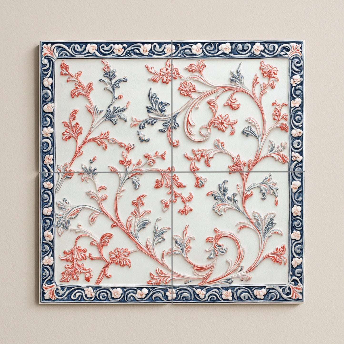 Elegante mural de cerámica con volutas botánicas — Paysage Botanique, Art Mural en Céramique