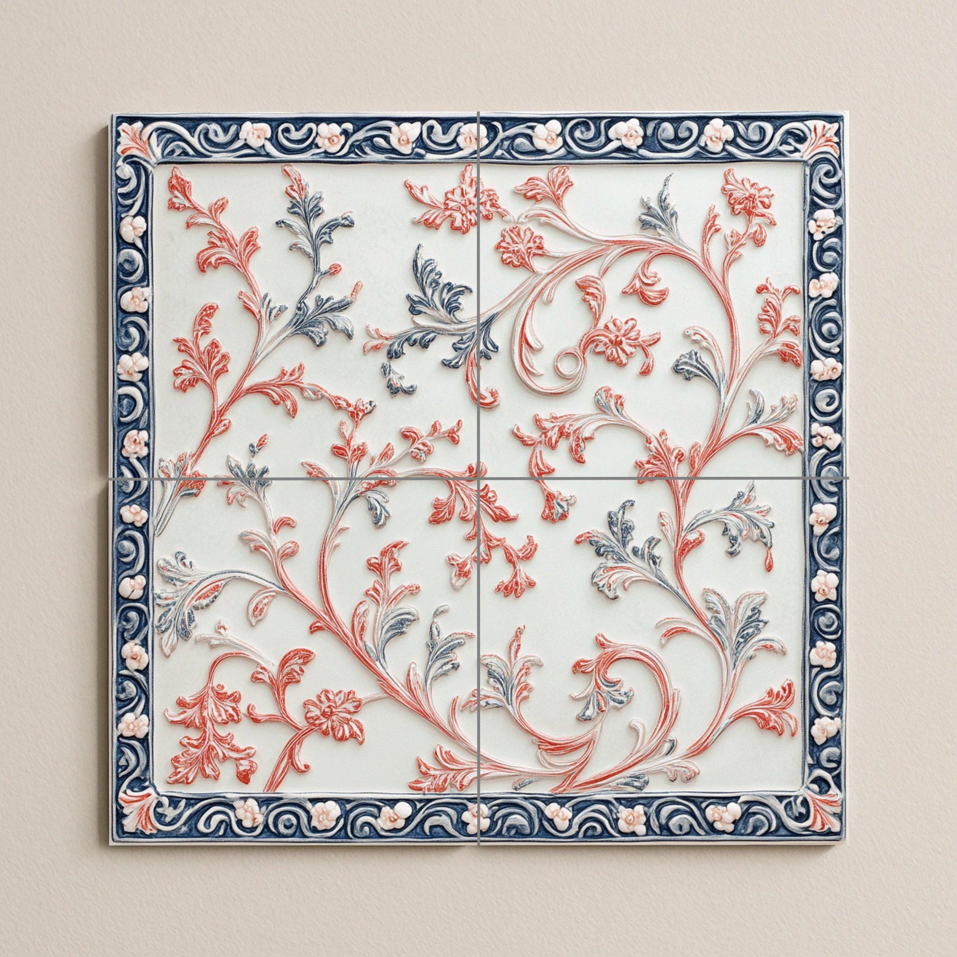 Elegante mural de cerámica con volutas botánicas — Paysage Botanique, Art Mural en Céramique