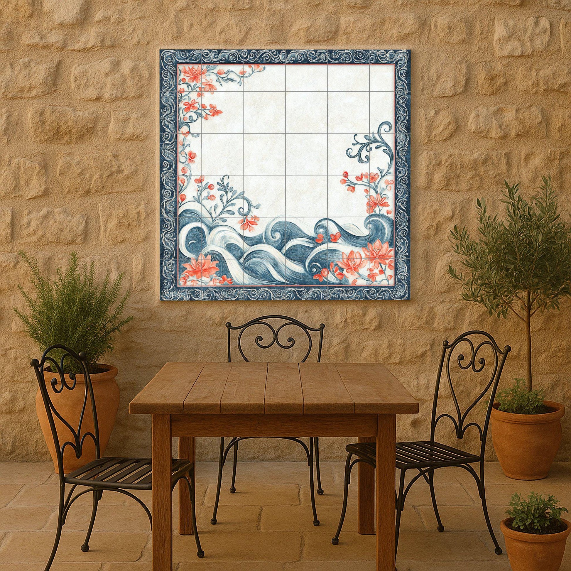 Motivos de perlas bahreiníes, flores de coral, olas marina — Décor Jardin et Nature, Art Mural en Céramique