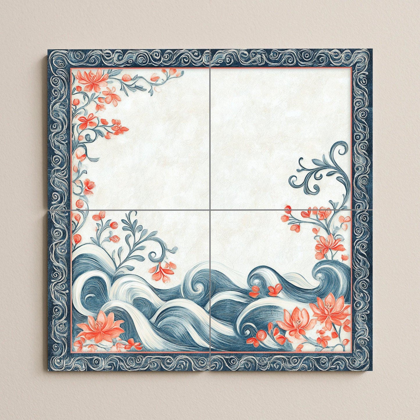 Motivos de perlas bahreiníes, flores de coral, olas marina — Décor Jardin et Nature, Art Mural en Céramique