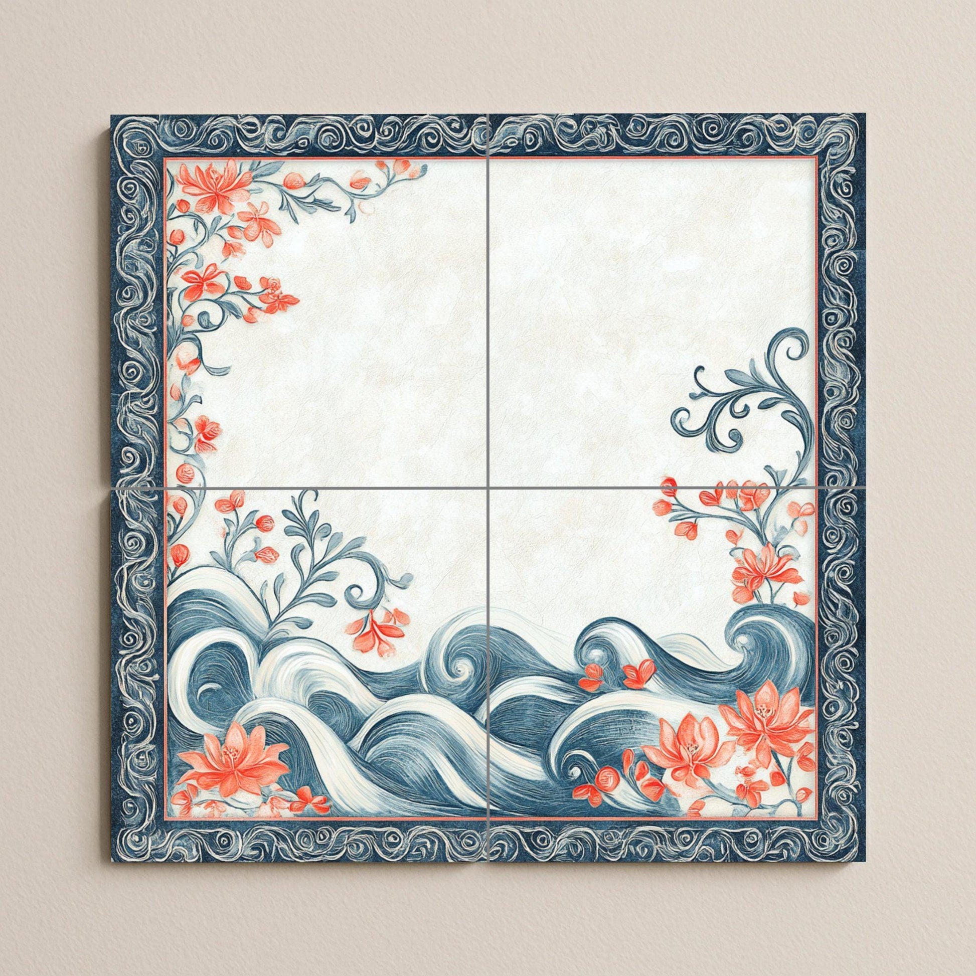 Motivos de perlas bahreiníes, flores de coral, olas marina — Décor Jardin et Nature, Art Mural en Céramique