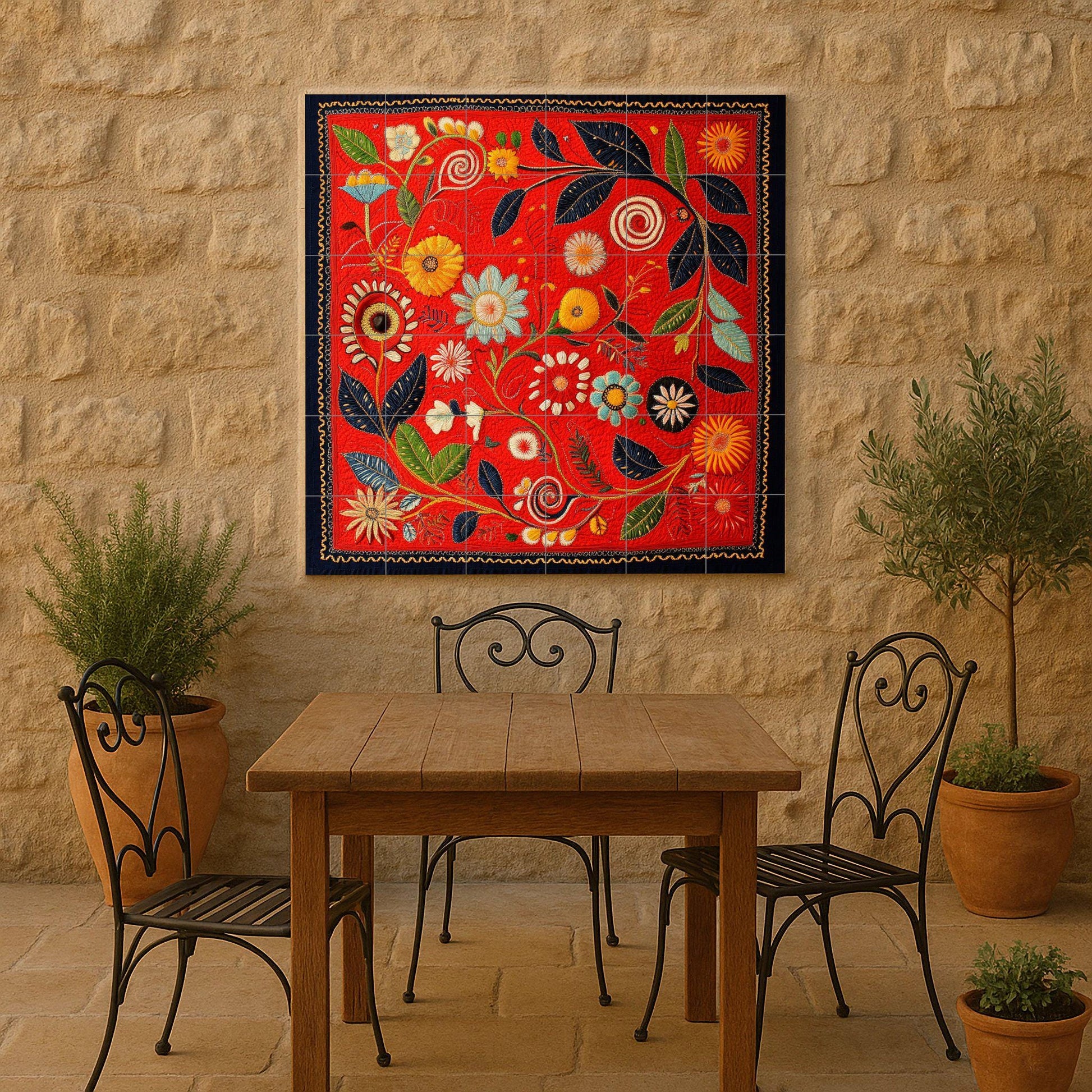 Mural de cerámica rojo intenso con remolinos botánicos, flores en…