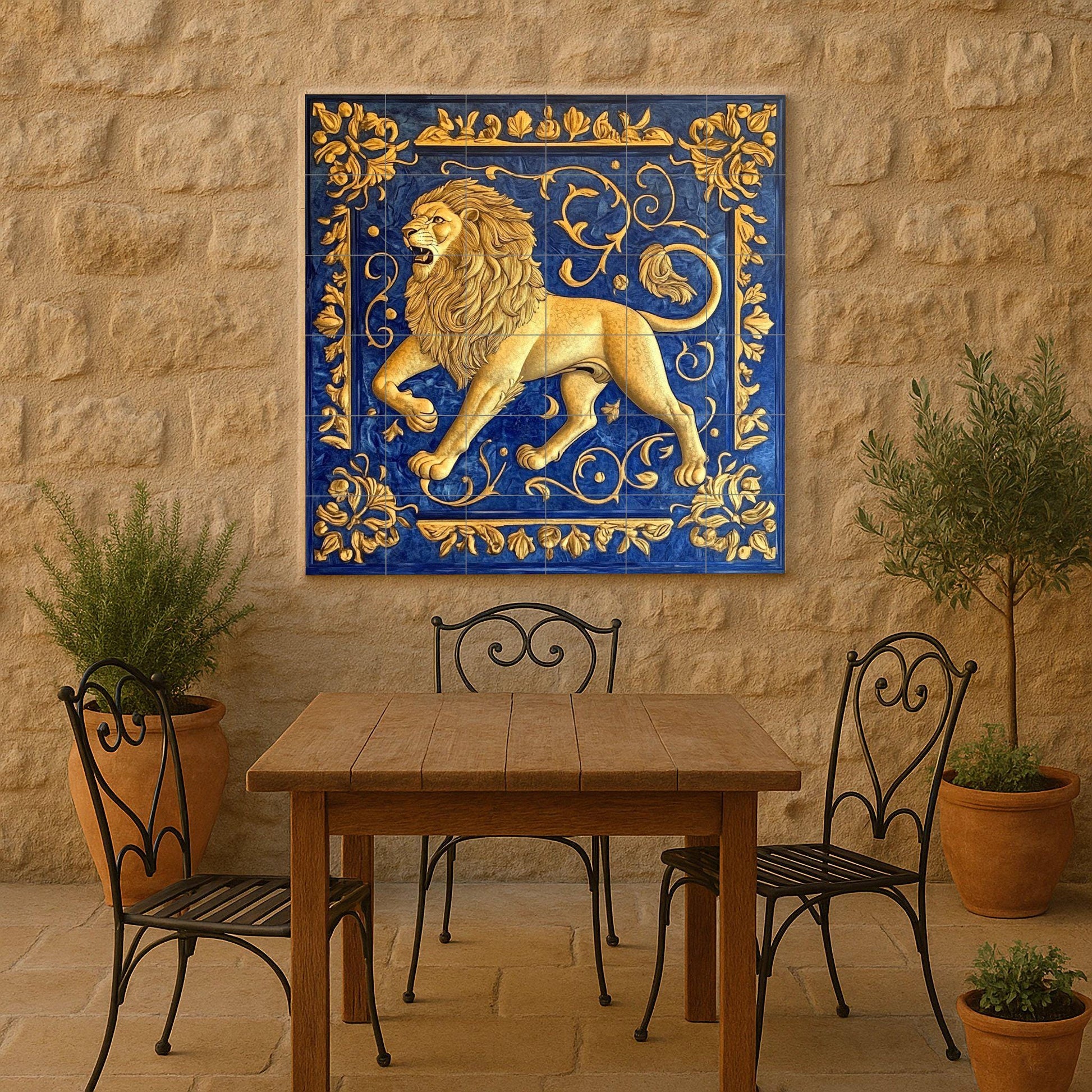 Lion Doré · Fresque Céramique — Art Animalier en Carreaux