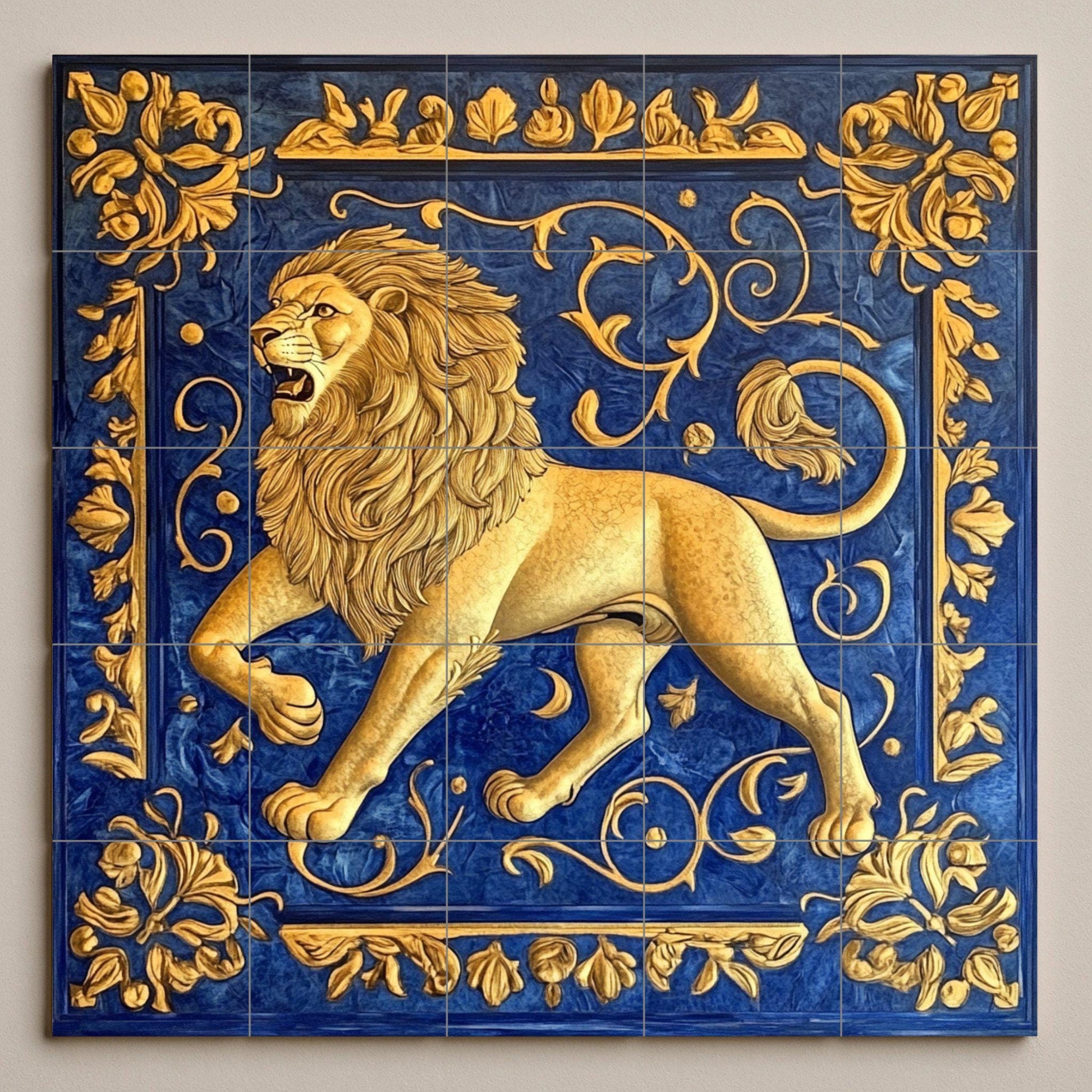 Lion Doré · Fresque Céramique — Art Animalier en Carreaux