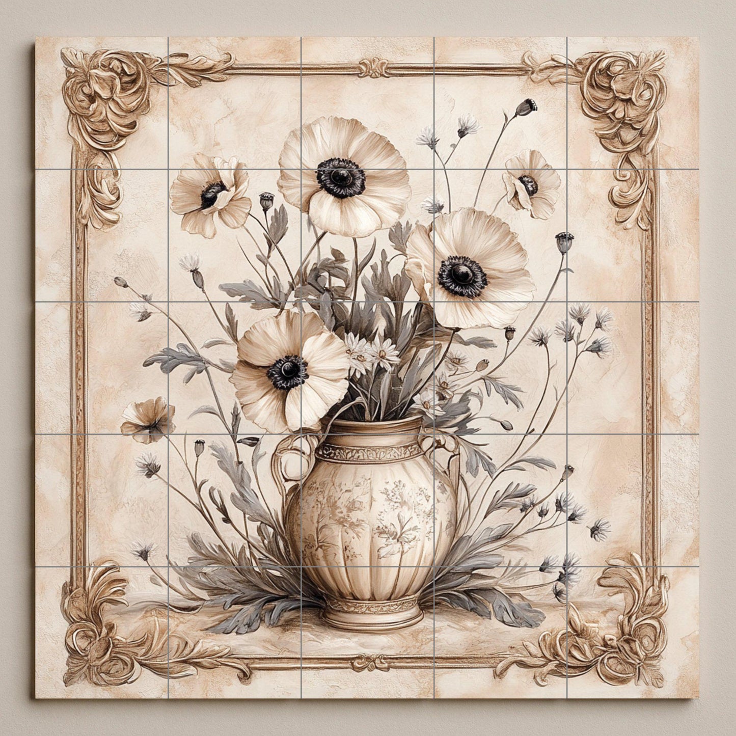 Elegante mural floral de cerámica