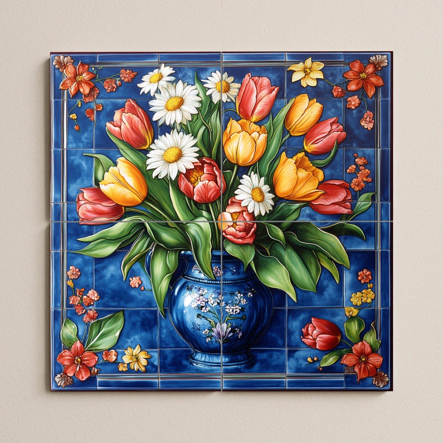 Tulipes et margaritas — Fresque Murale en Carreaux de Céramique · Décor Jardin et Nature