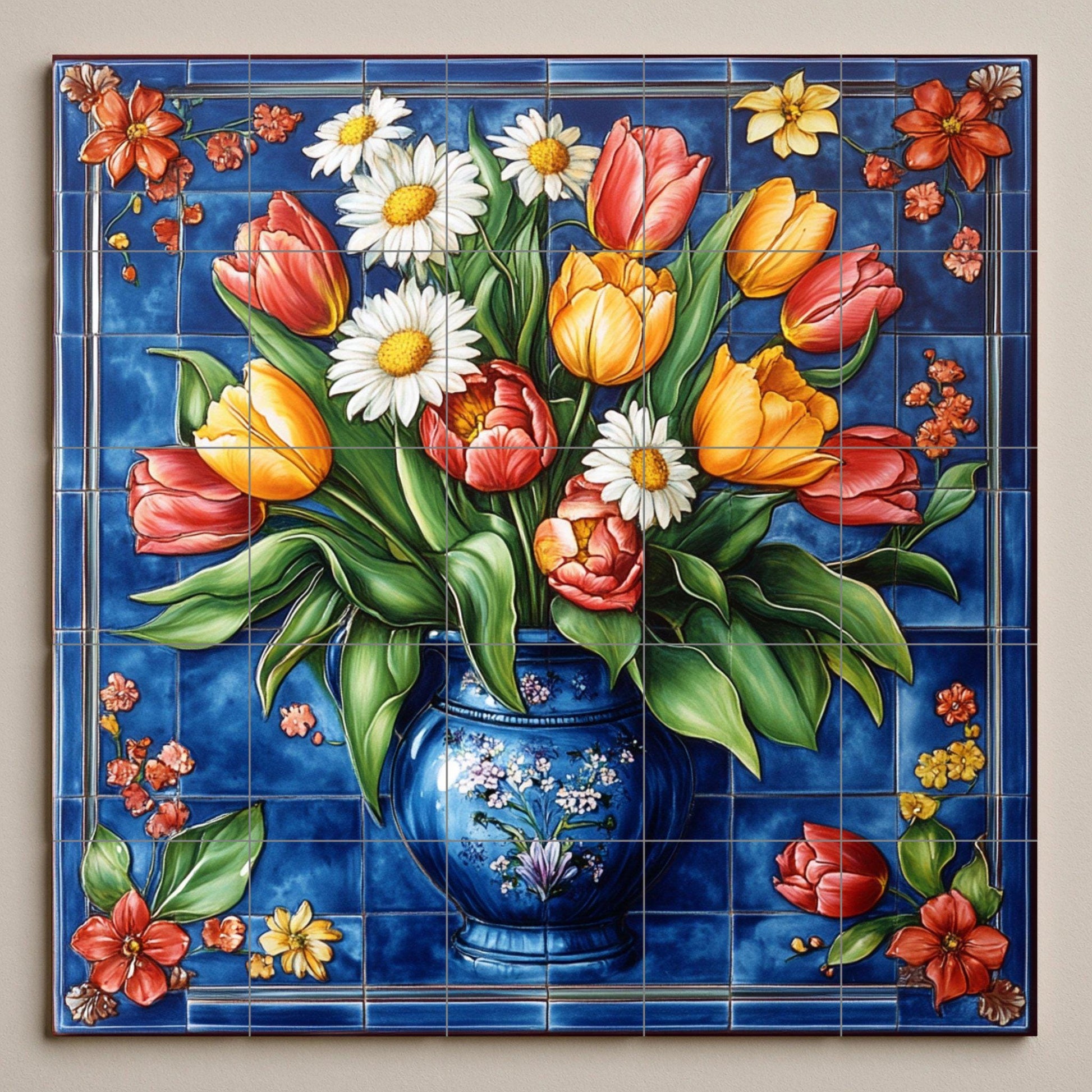 Tulipes et margaritas — Fresque Murale en Carreaux de Céramique · Décor Jardin et Nature