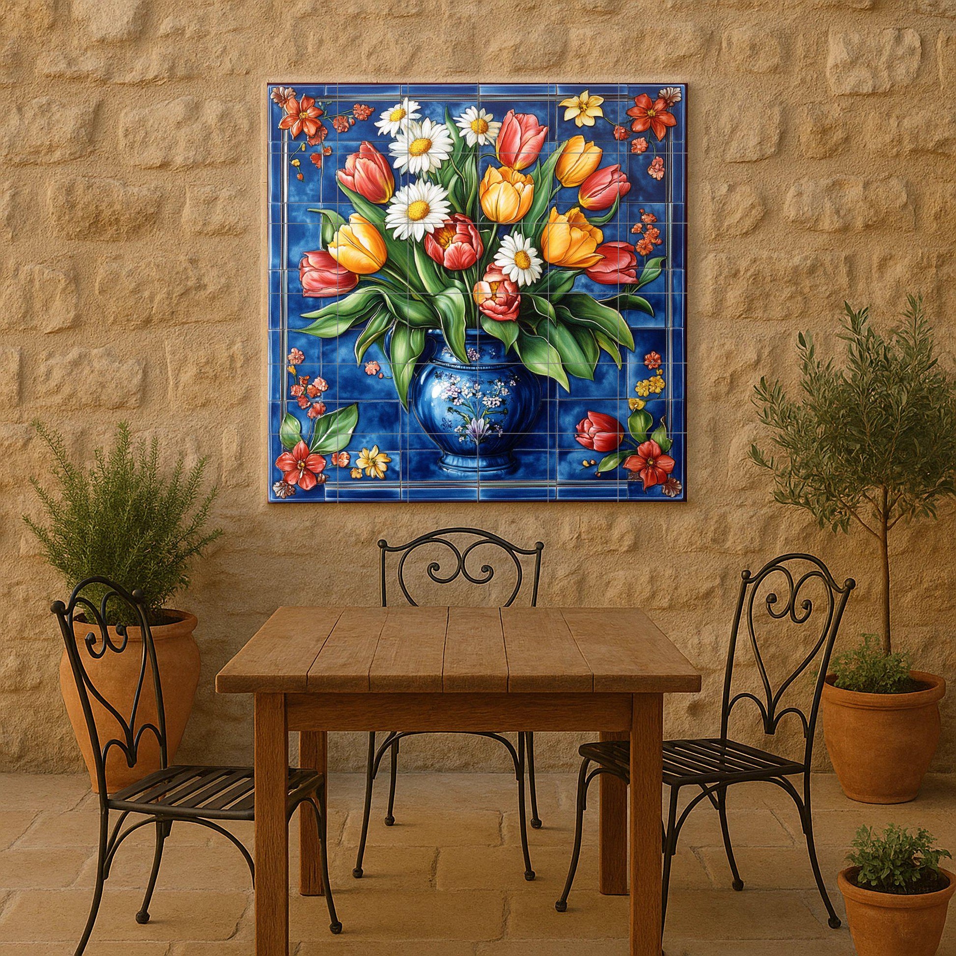 Tulipes et margaritas — Fresque Murale en Carreaux de Céramique · Décor Jardin et Nature