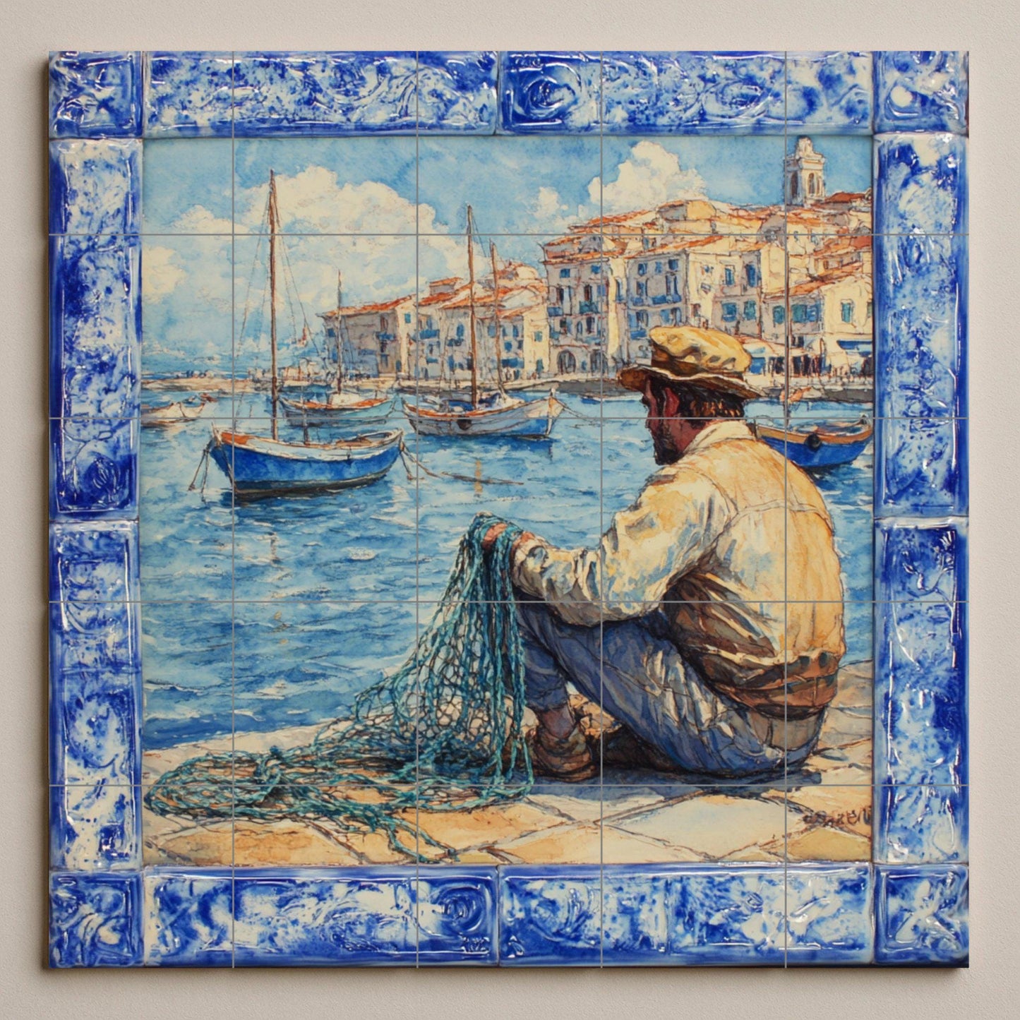 Pesca costera in Cerdeña · Murale Ceramico — Decoro Nautico