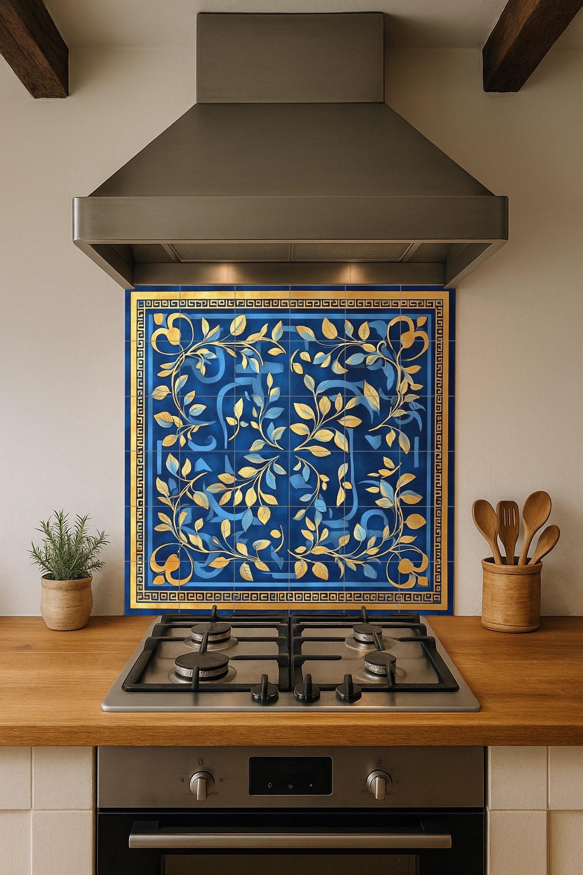 Alloro e Ulivo con clave Greca · Murale Ceramico — Cucina di Campagna