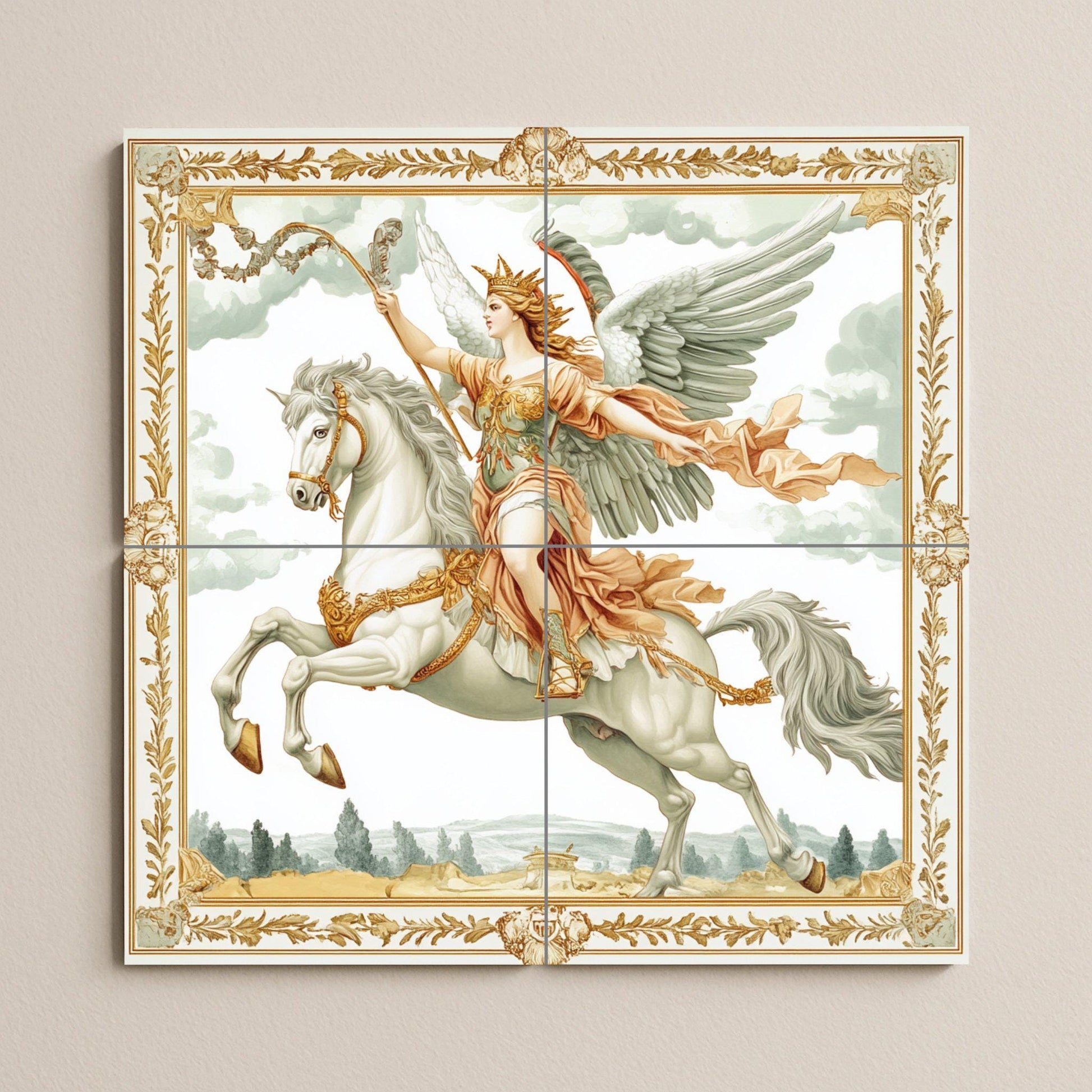 Murale in Piastrelle Majestuoso guerrero alado sobre caballo blanco — Arte Mitologica da Parete