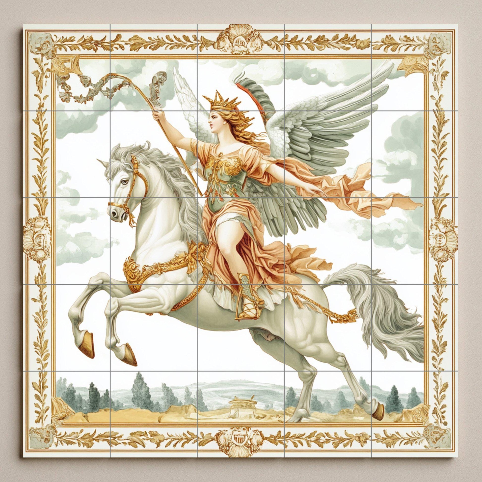 Murale in Piastrelle Majestuoso guerrero alado sobre caballo blanco — Arte Mitologica da Parete