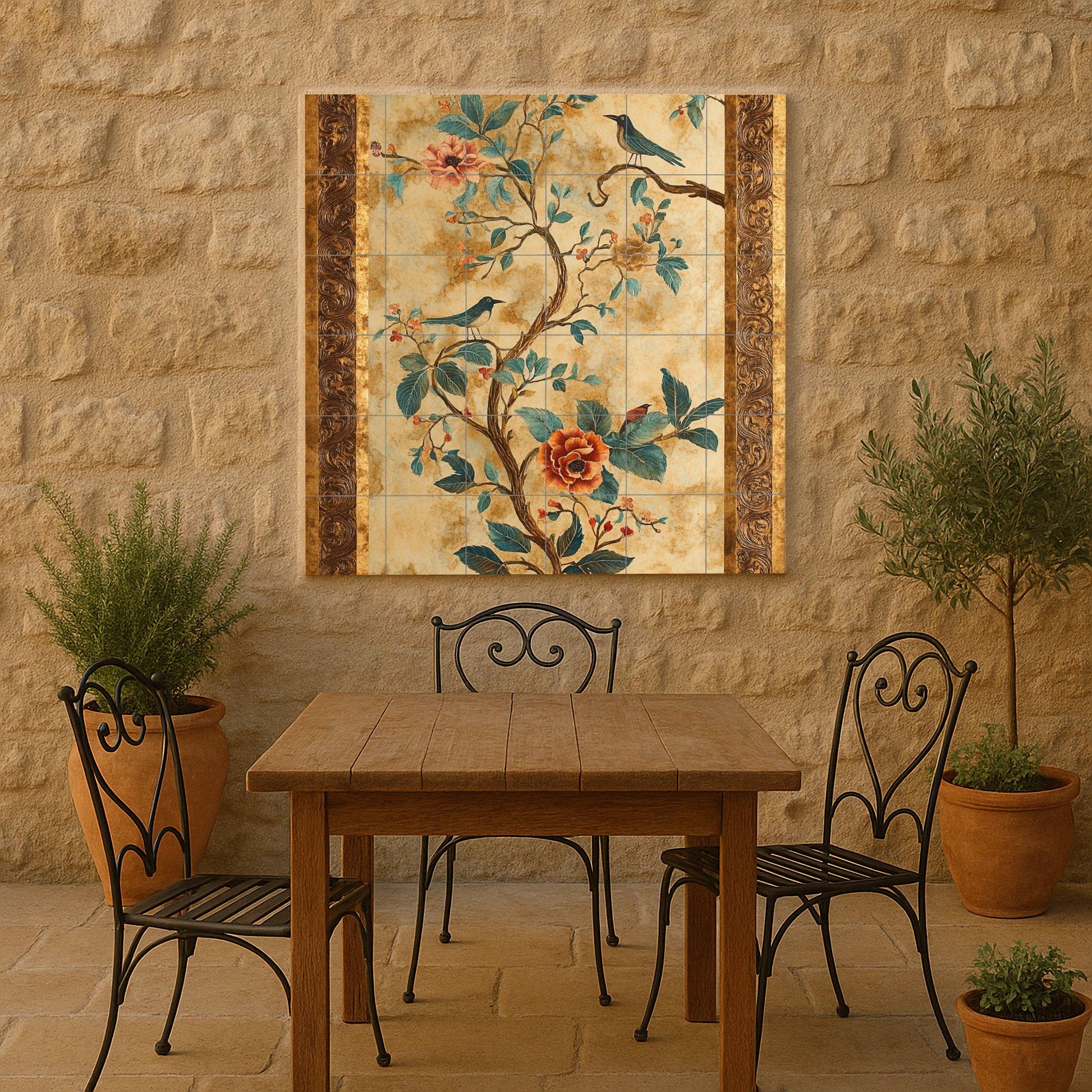 Fresque en Carrelage Fleurs et Oiseaux — Art Mural Nature