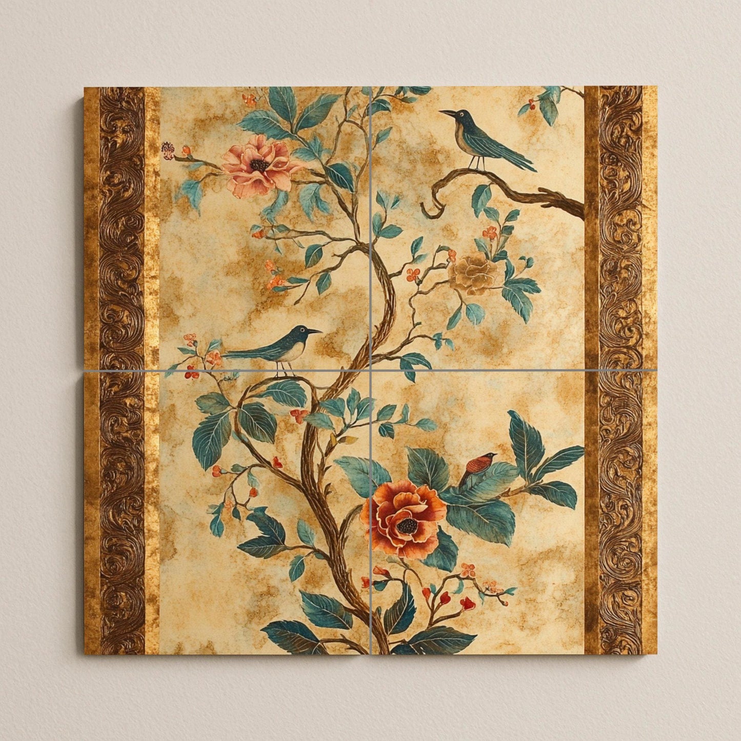 Fresque en Carrelage Fleurs et Oiseaux — Art Mural Nature