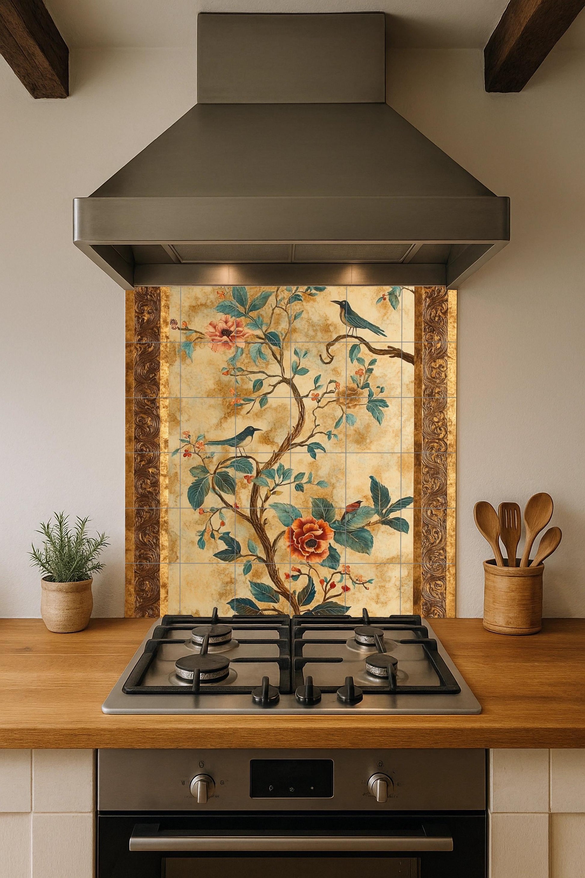 Fresque en Carrelage Fleurs et Oiseaux — Art Mural Nature