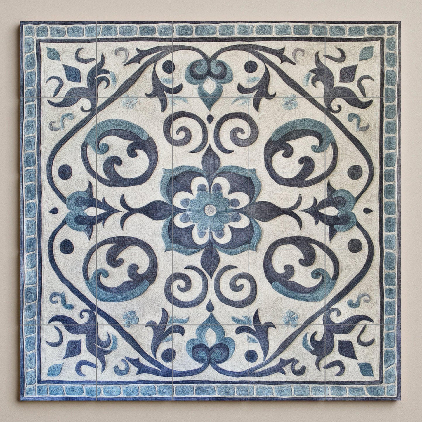 Mural de cerámica gris y azul