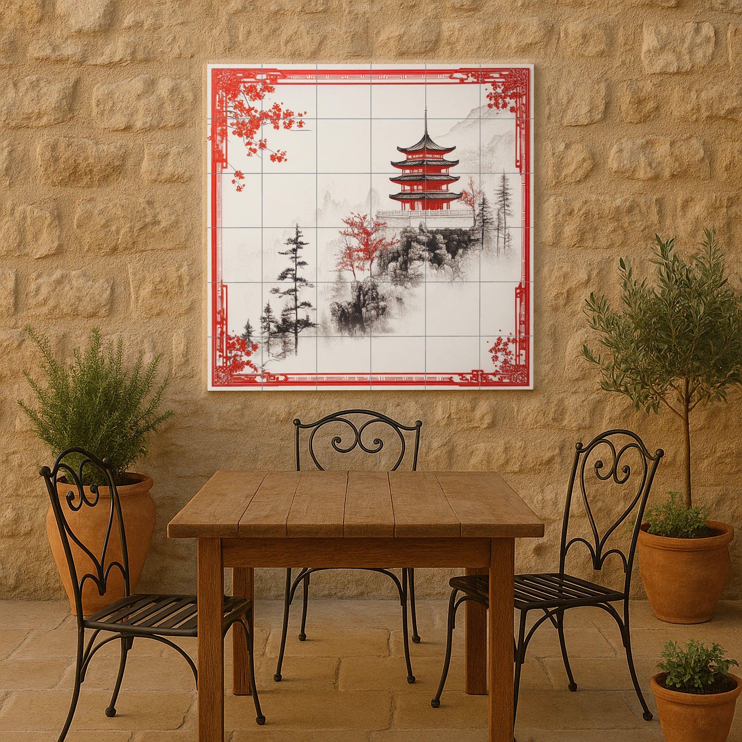 Pagoda Roja · Fresque Céramique — Décor Jardin et Nature