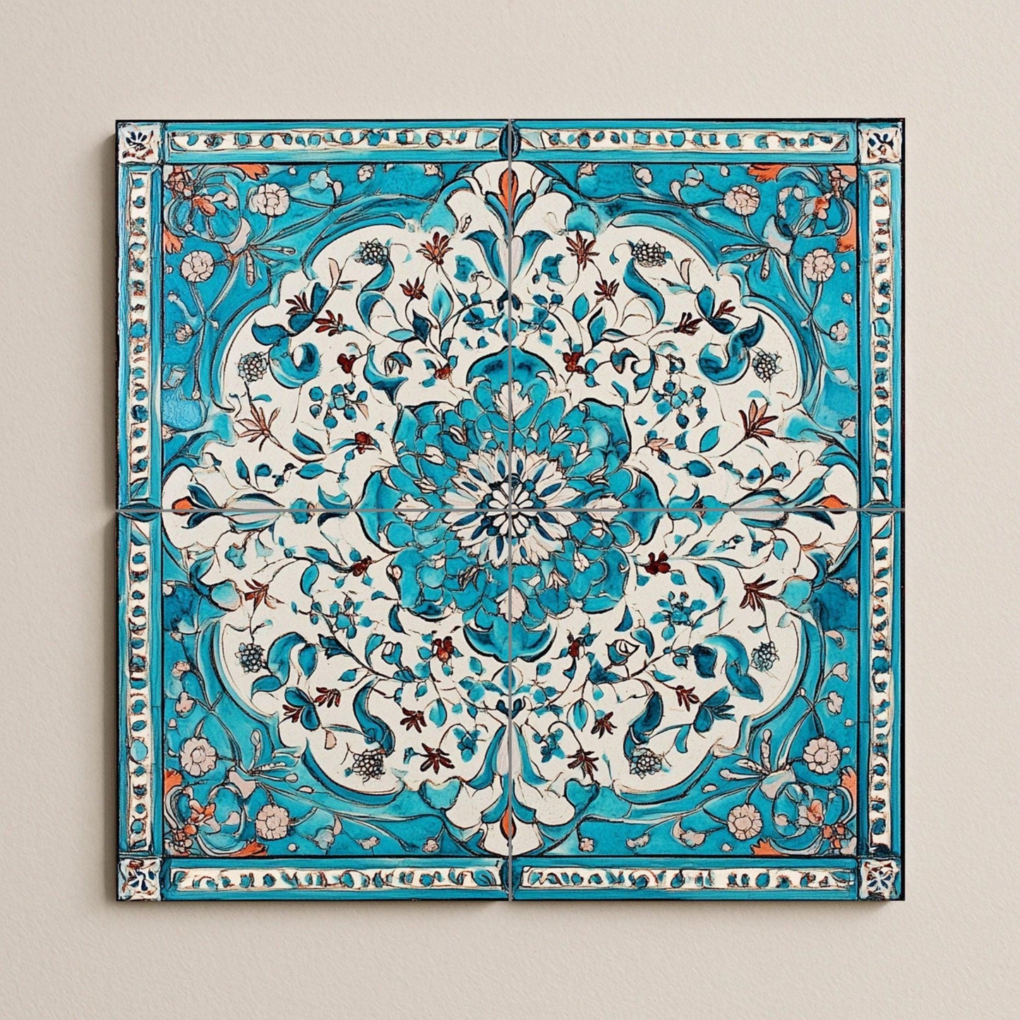 Mural de cerámica turquesa y blanca