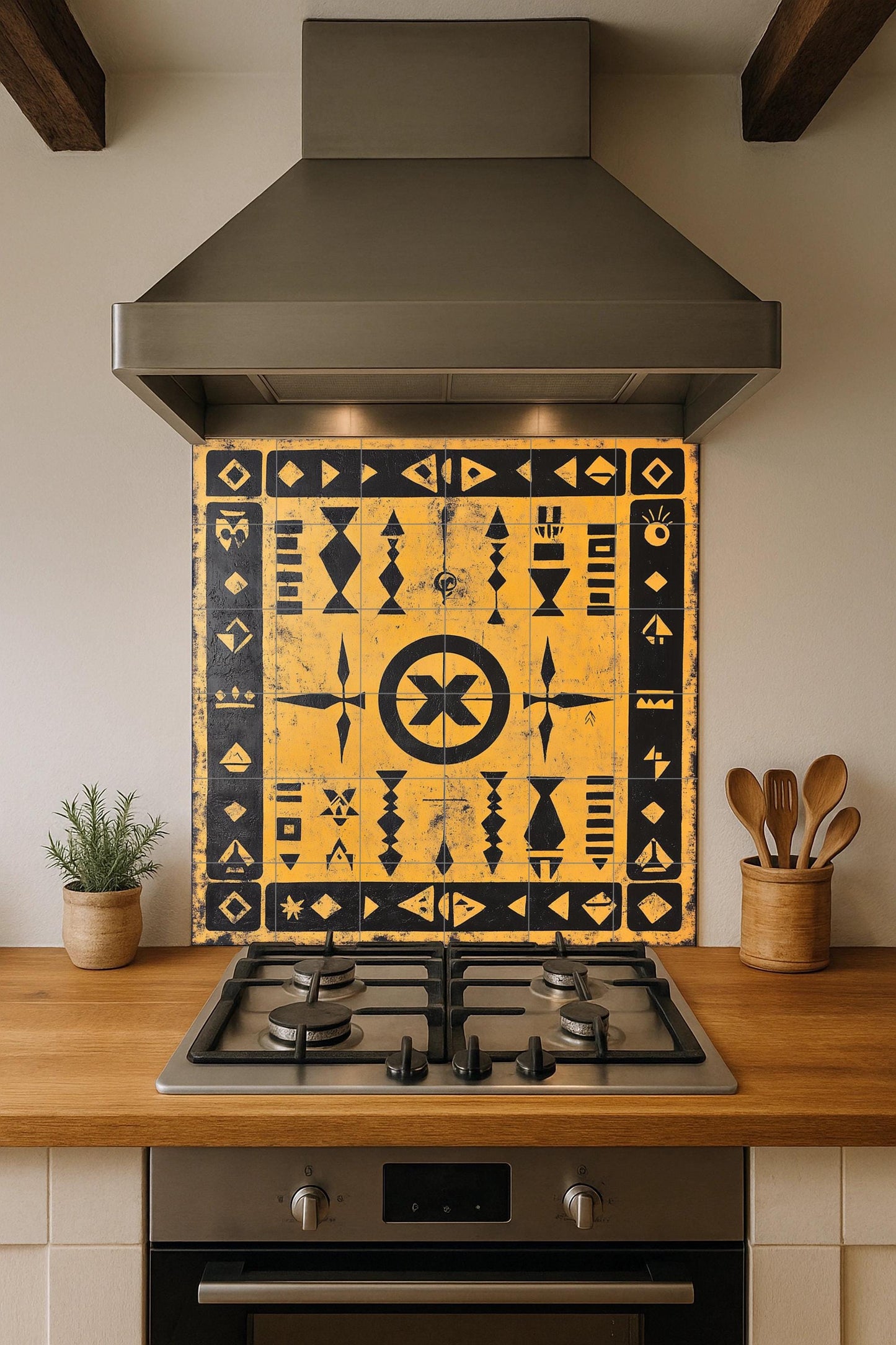 Geometric in Black and ocre — Folk-Art Décor · Ceramic Tile Mural