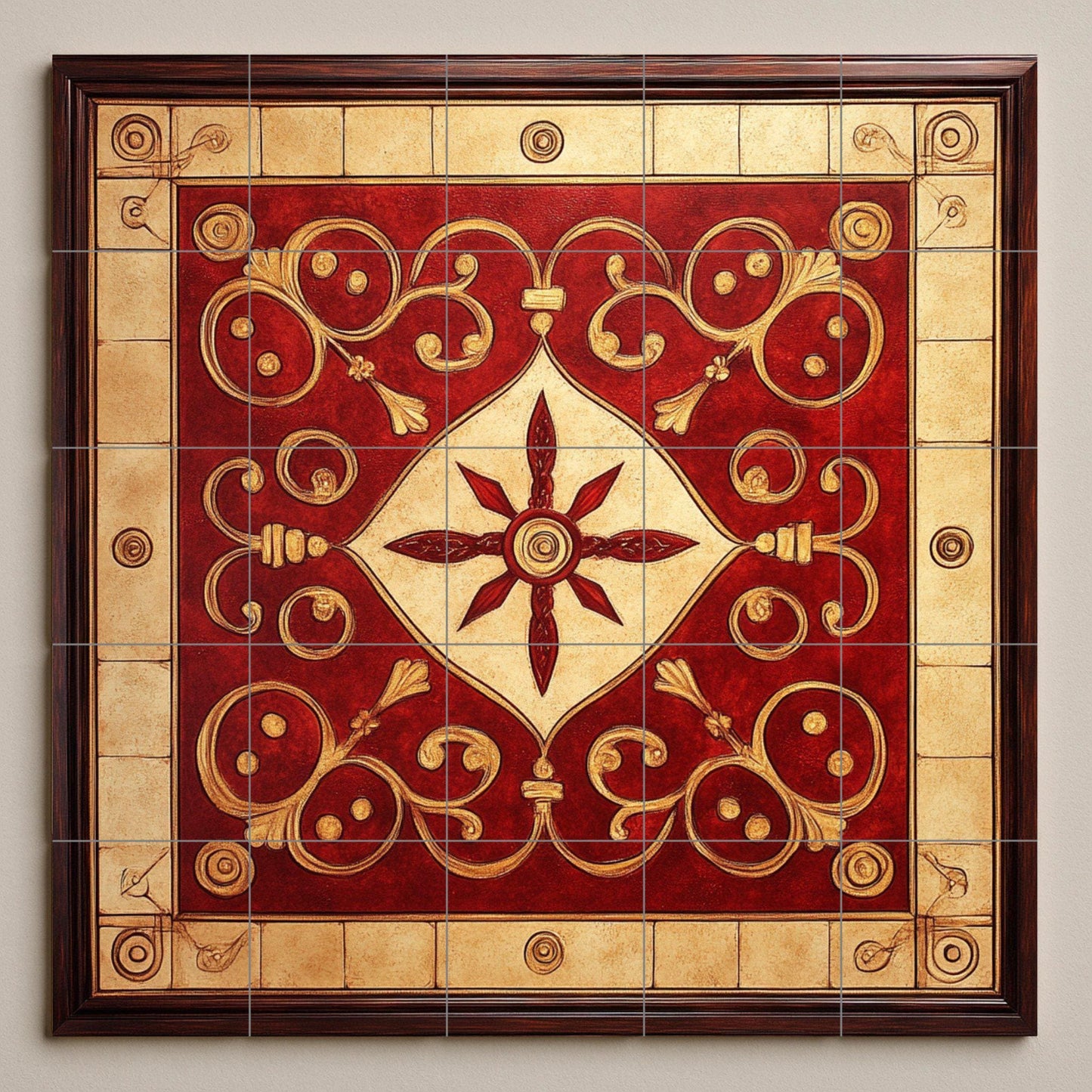 Fresque en Carrelage Cerámica Ornemental Rouge et Doré — Fresque à Motifs Décoratifs