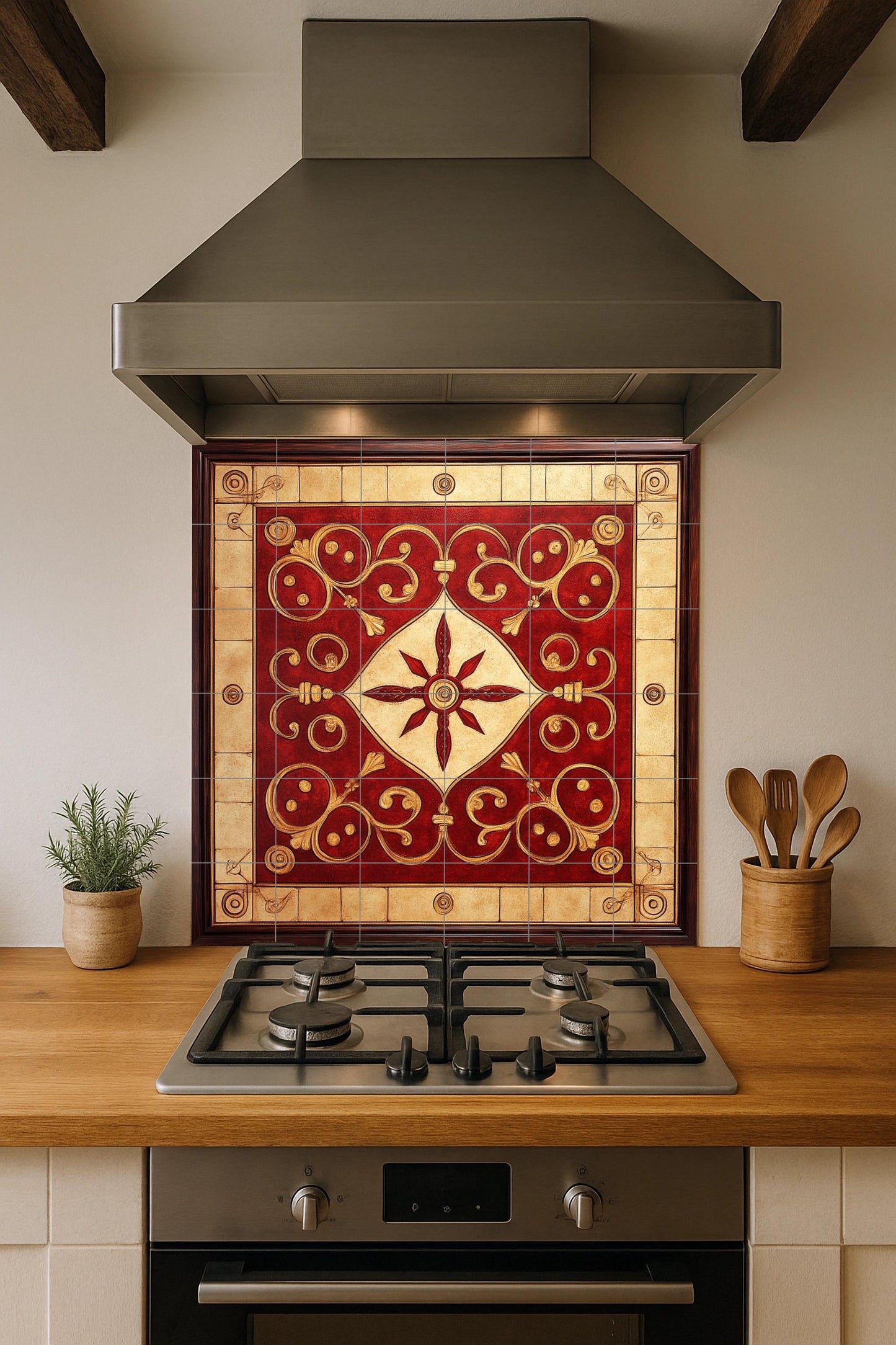 Fresque en Carrelage Cerámica Ornemental Rouge et Doré — Fresque à Motifs Décoratifs