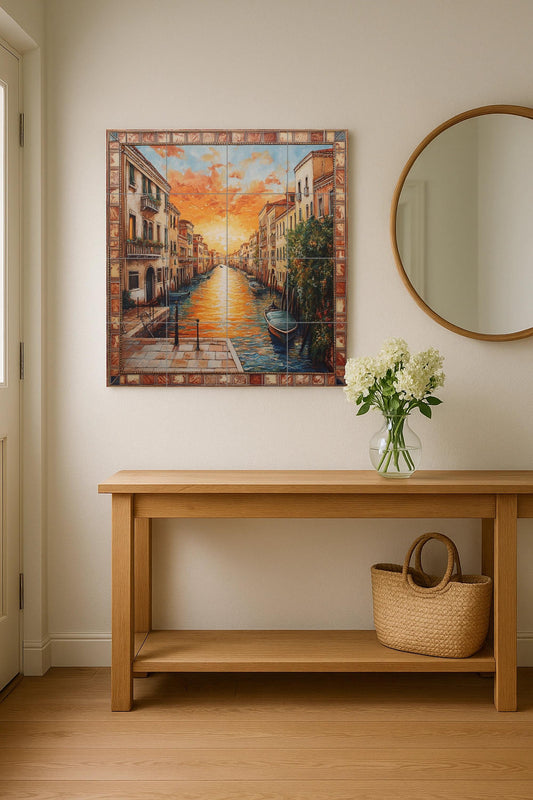 Mural cerámico al atardecer en el canal de Aveiro