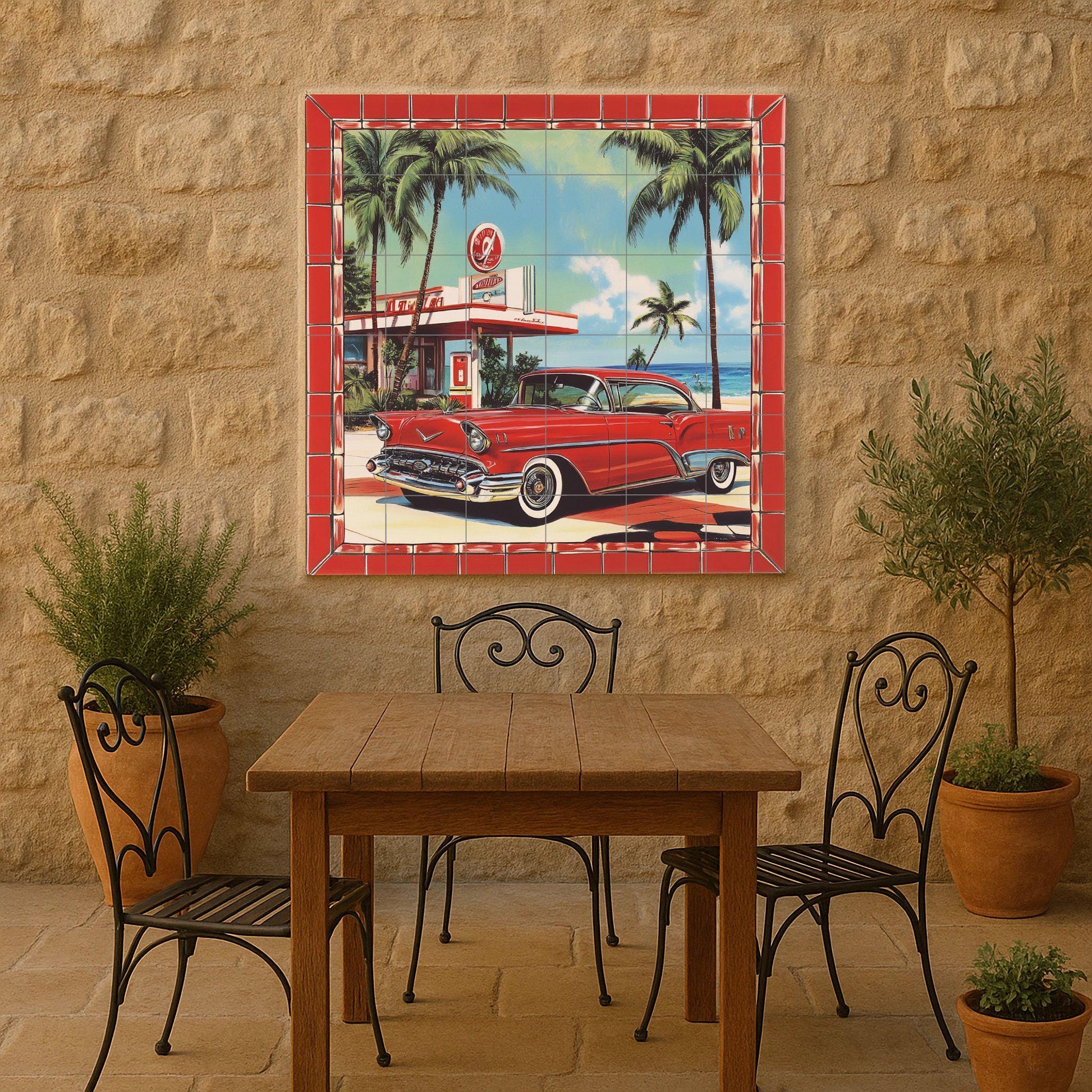 Coche Retro — Fliesen-Wandbild aus Keramik · Dekoratives Muster-Wandbild