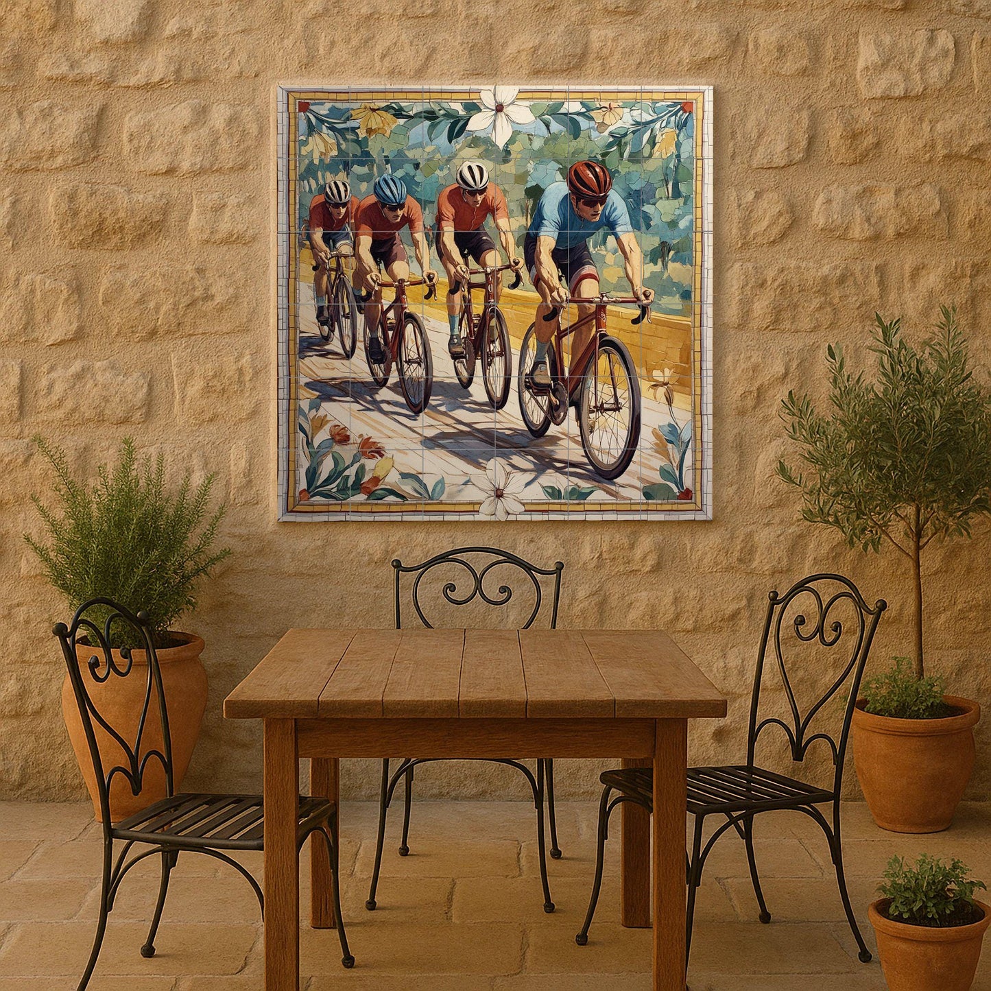 Mural cerámico de un equipo ciclista