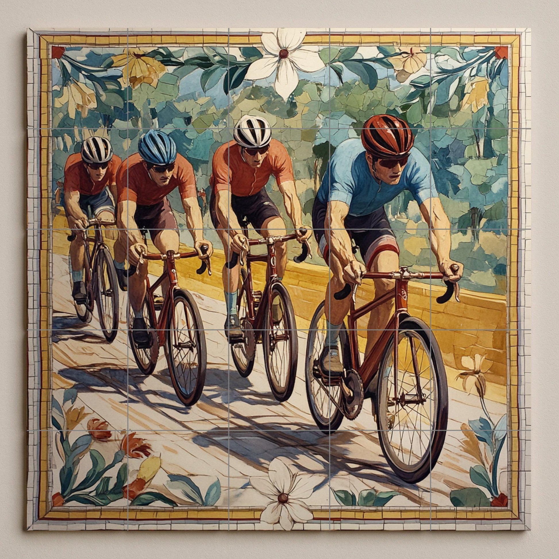 Mural cerámico de un equipo ciclista