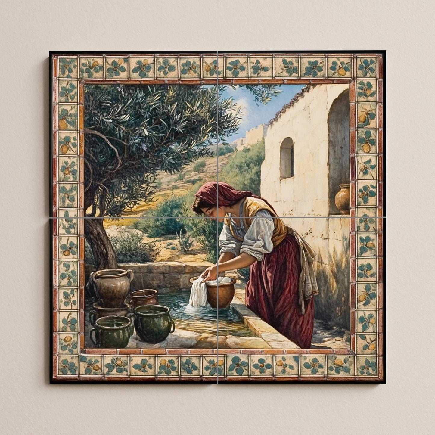 Murale in Piastrelle Rustico presso a un pozo — Scena di Cucina e Campagna