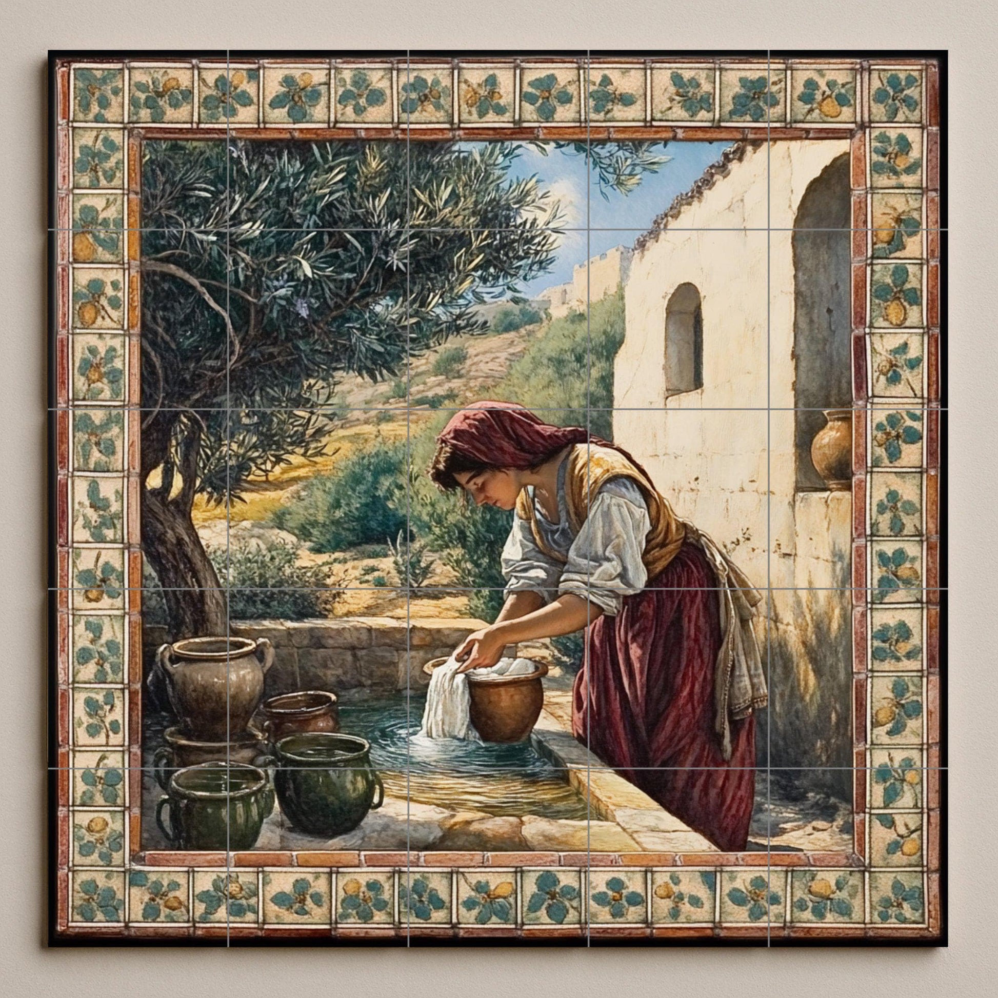 Murale in Piastrelle Rustico presso a un pozo — Scena di Cucina e Campagna