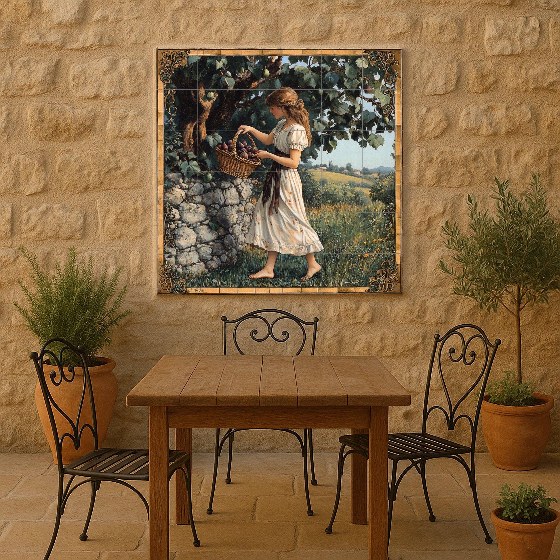 Fresque en Carrelage Récolte de ciruelas — Scène de Cuisine et Campagne