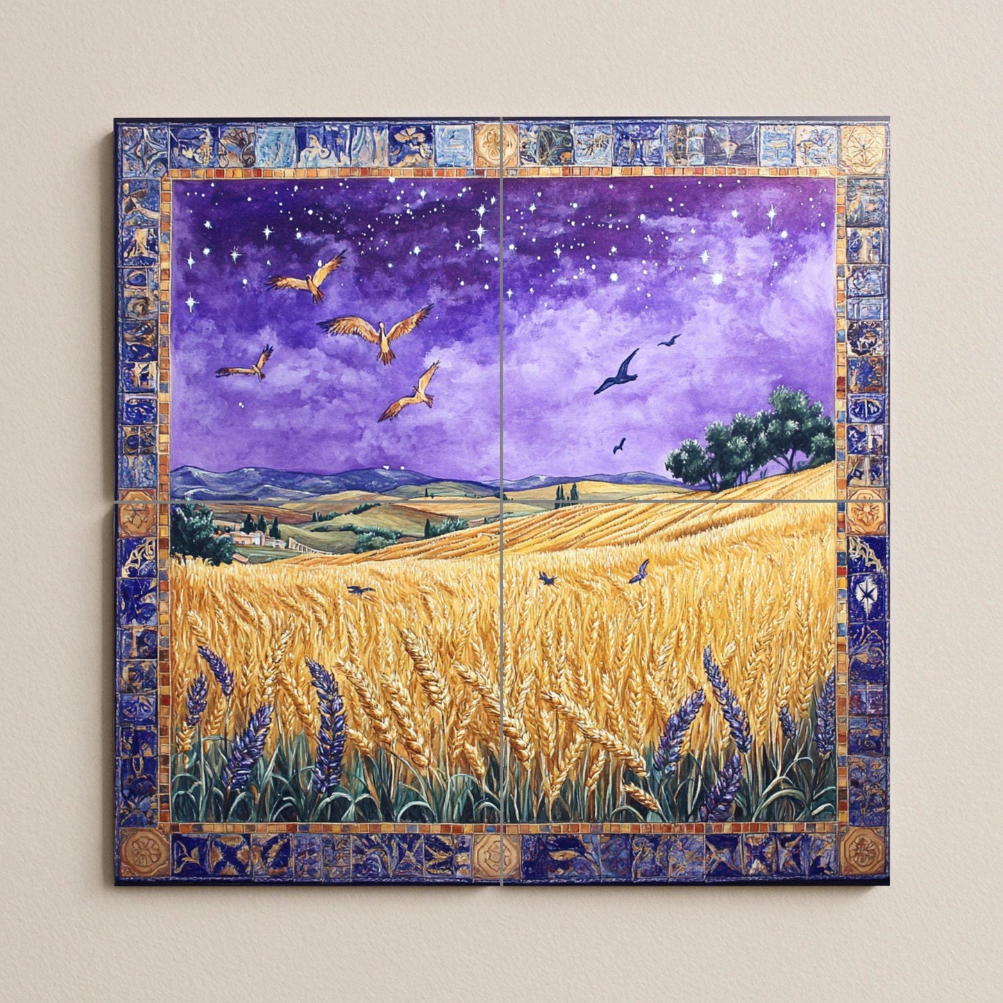 Un campo de trigo en una noche estrellada · Fresque Céramique — Scène de Cuisine et Campagne