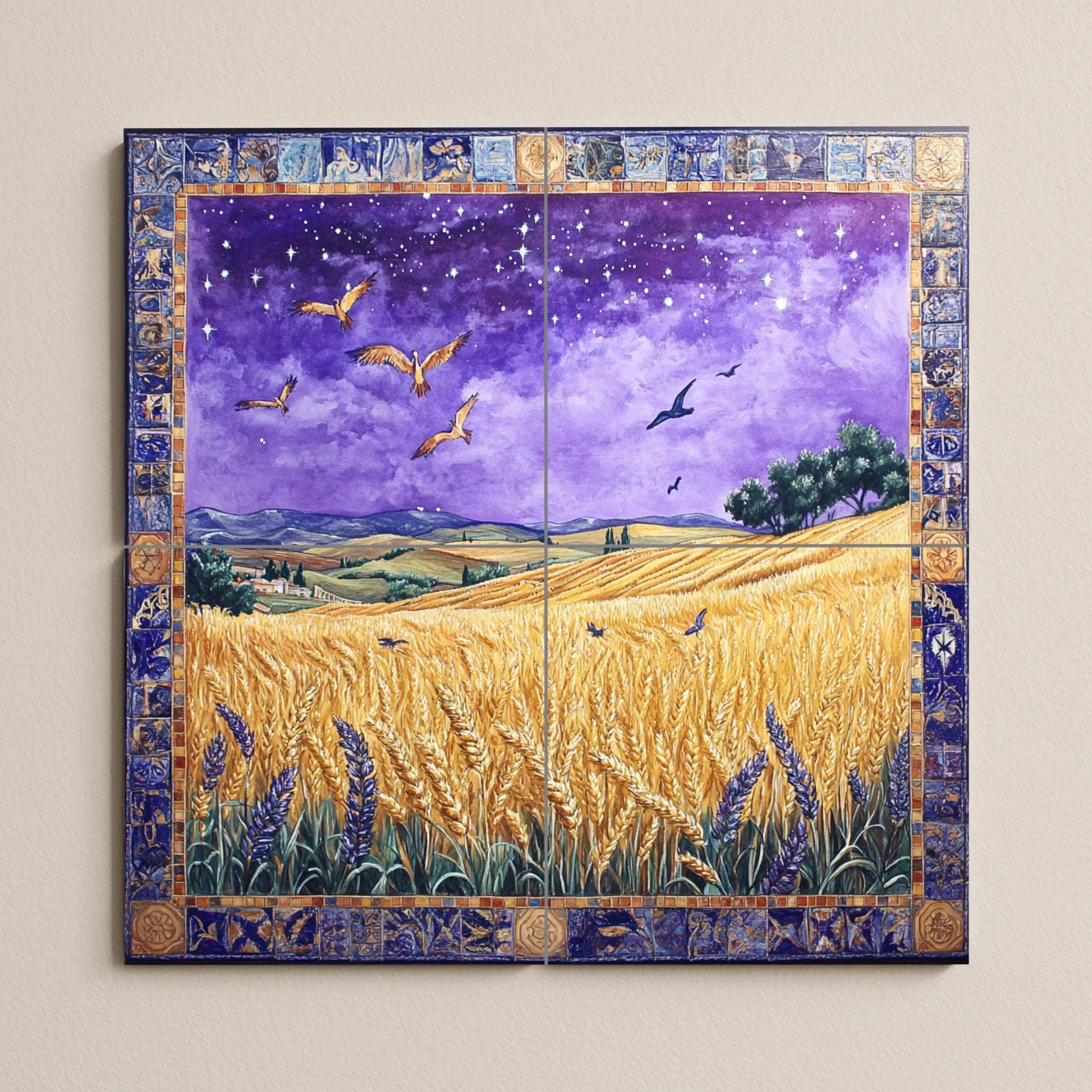 Un campo de trigo en una noche estrellada · Fresque Céramique — Scène de Cuisine et Campagne