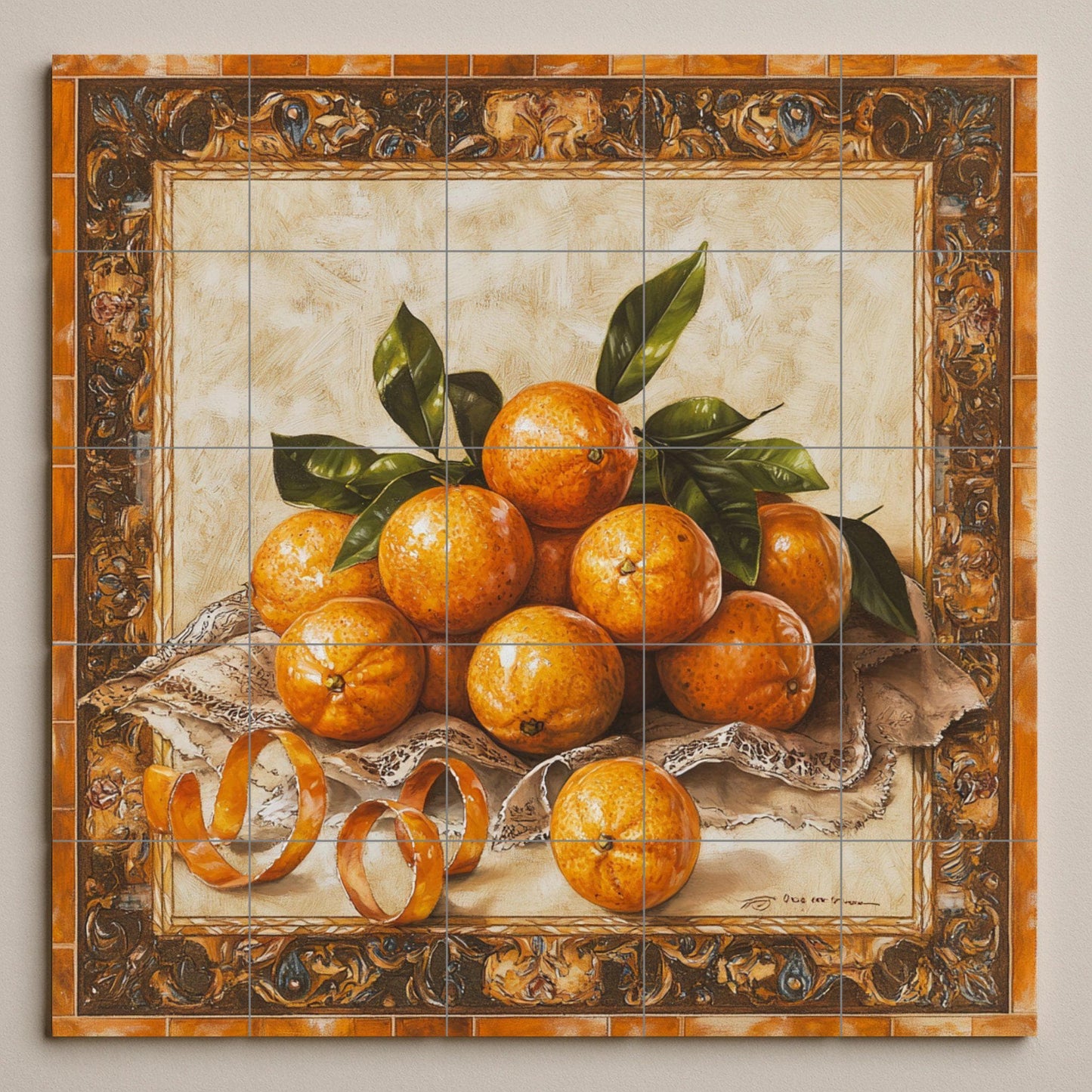 Naranjas, cáscaras rizadas, tela de encaje — Culinary Wall Décor · Tile Wall Art