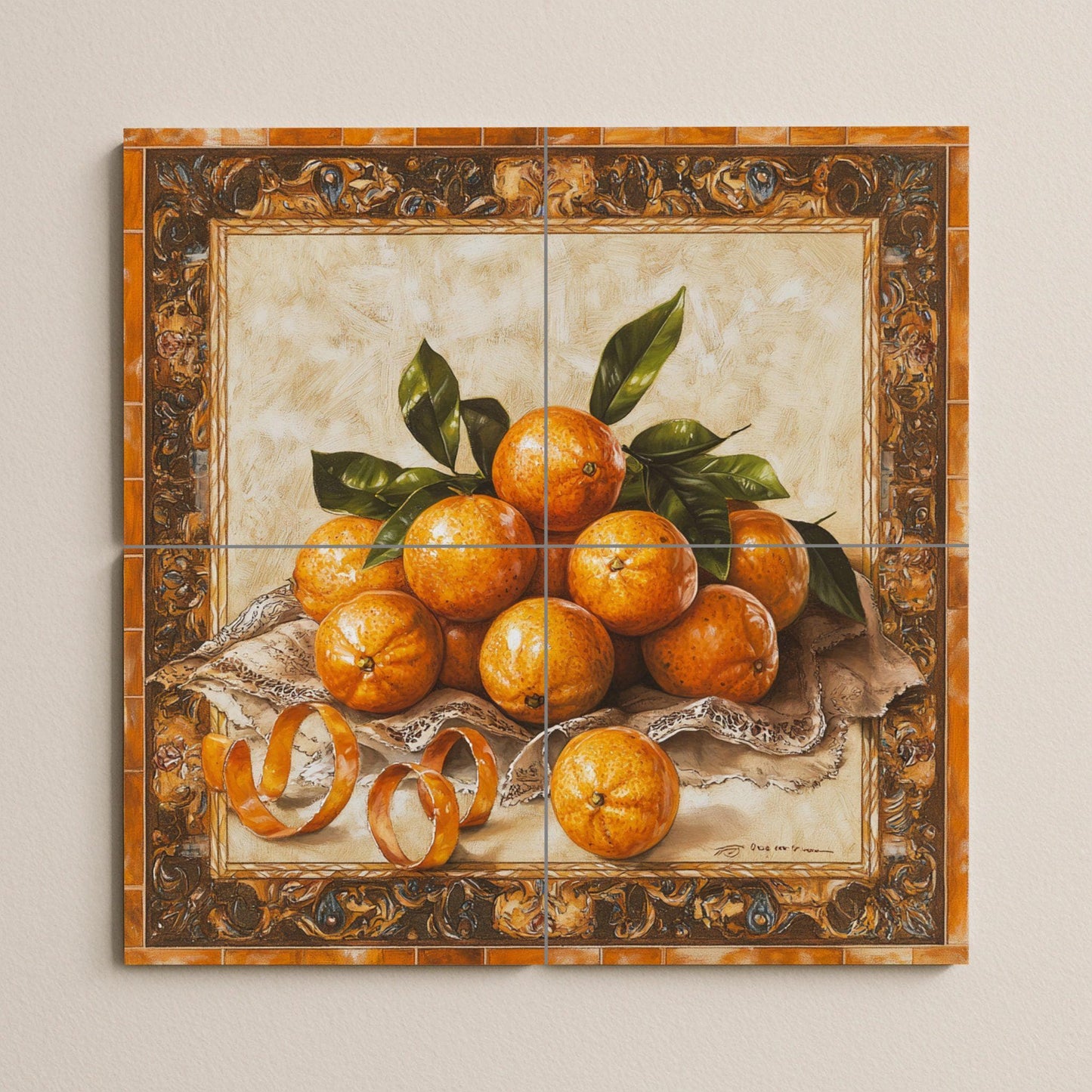 Naranjas, cáscaras rizadas, tela de encaje — Culinary Wall Décor · Tile Wall Art