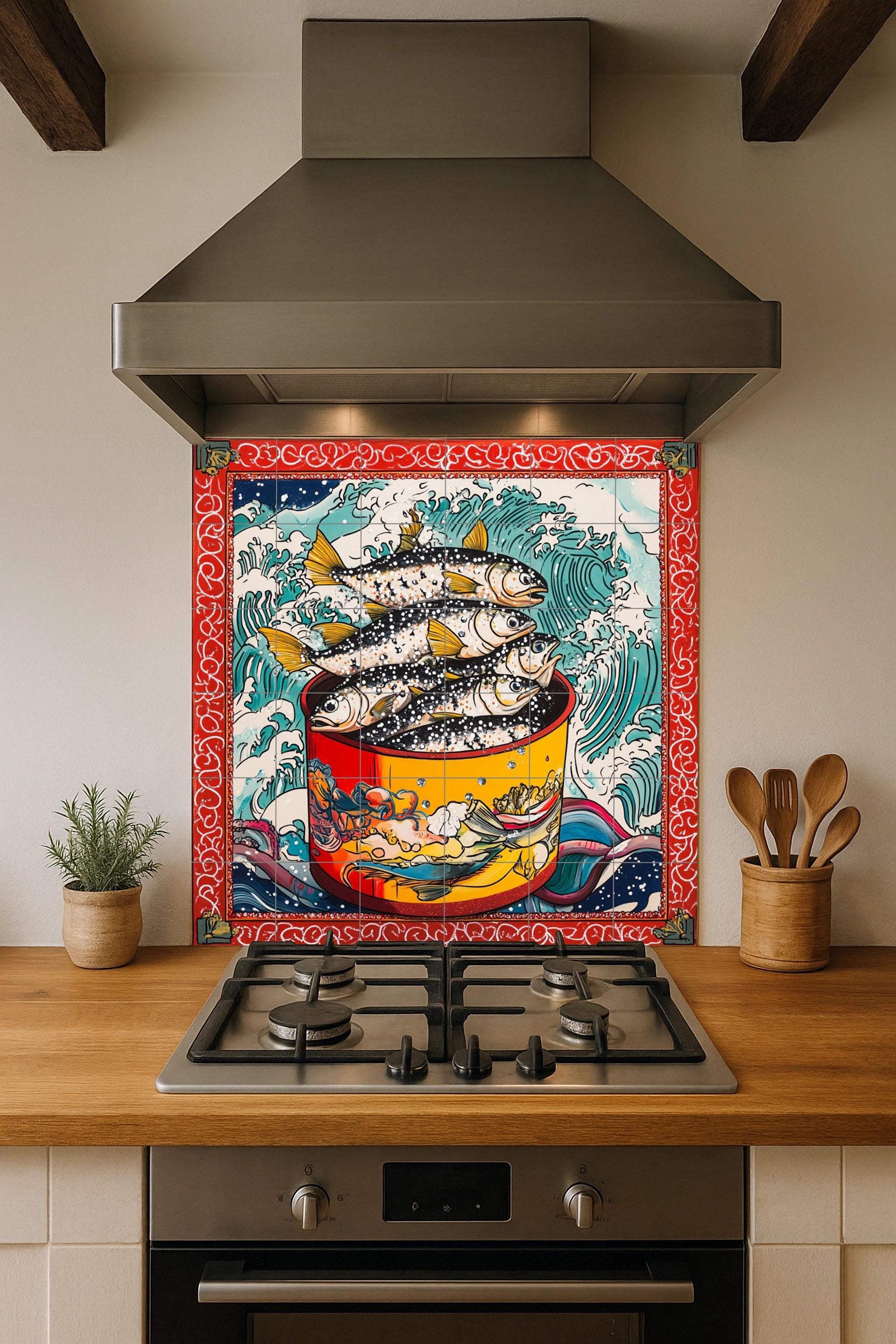 Peces estilizados en maceta roja, olas romp — Seaside Scene · Ceramic Tile Mural